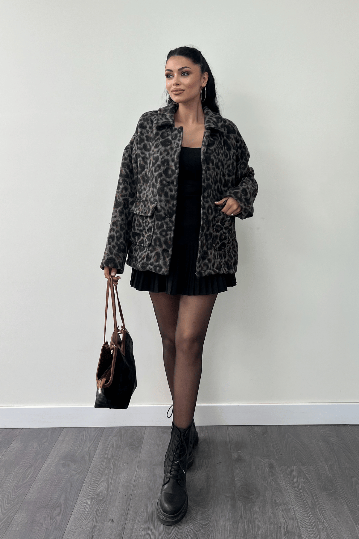 Leopar Desenli Kaşe Kumaş Kaban - KAHVERENGİ