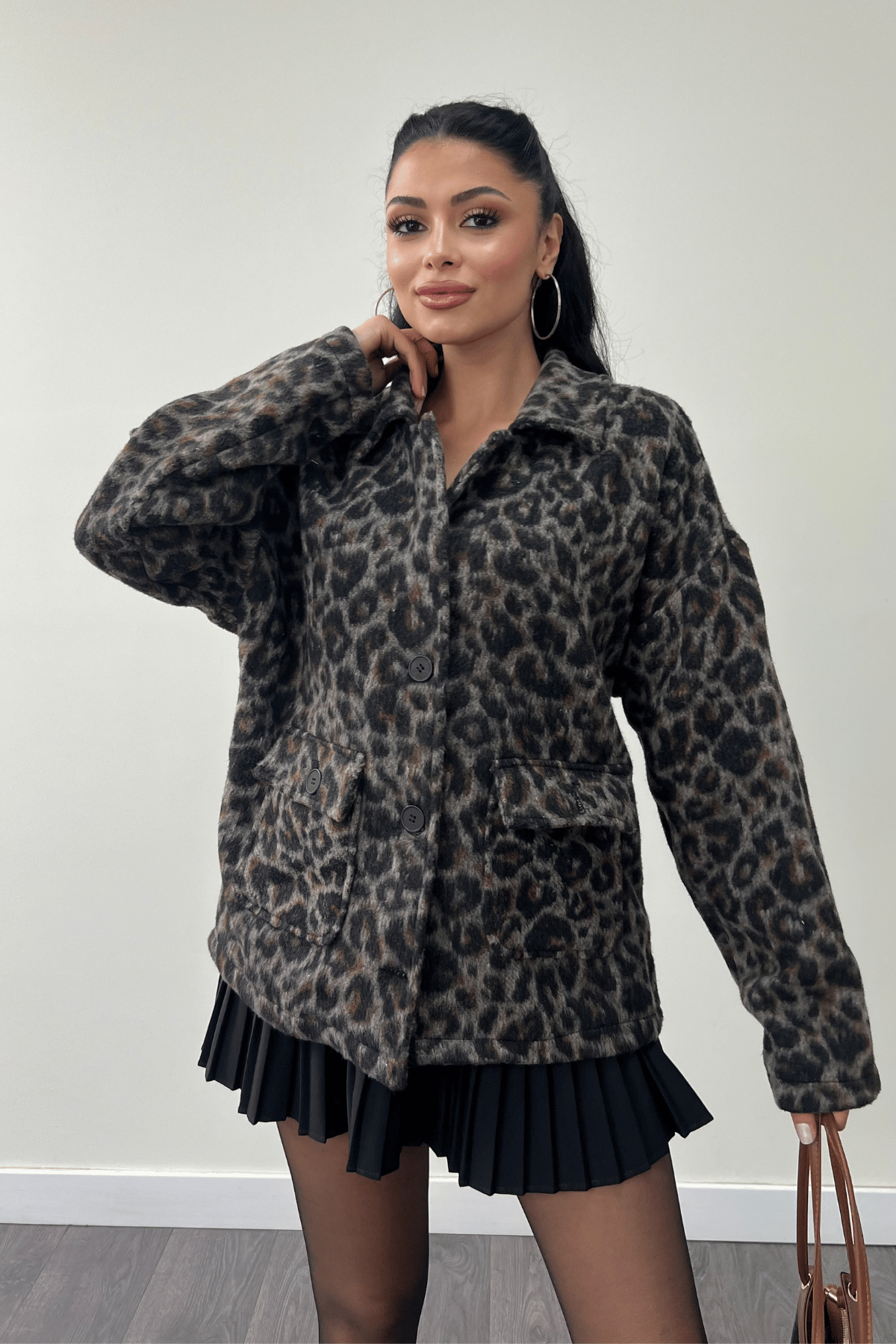 Leopar Desenli Kaşe Kumaş Kaban - KAHVERENGİ