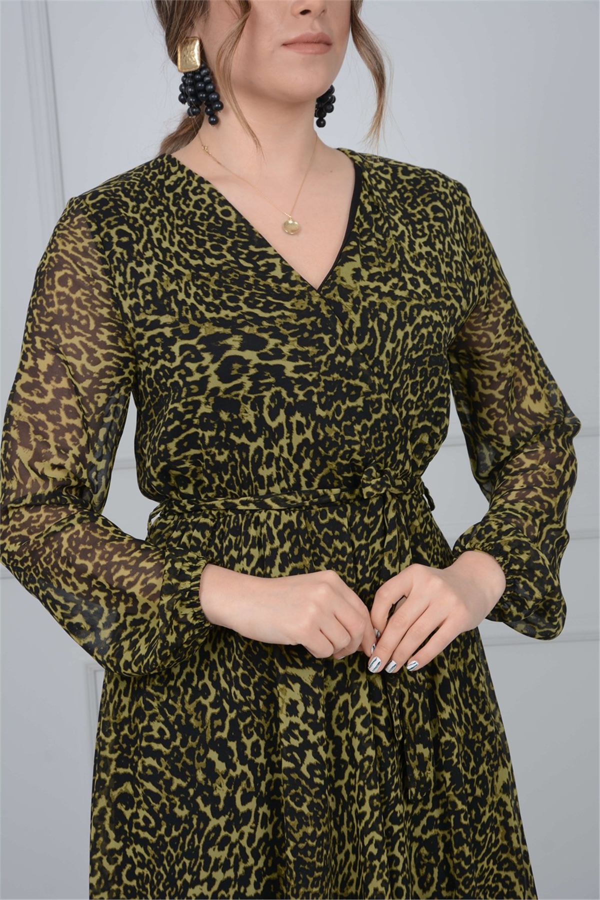 Leopar Desenli Şifon Elbise - Sarı