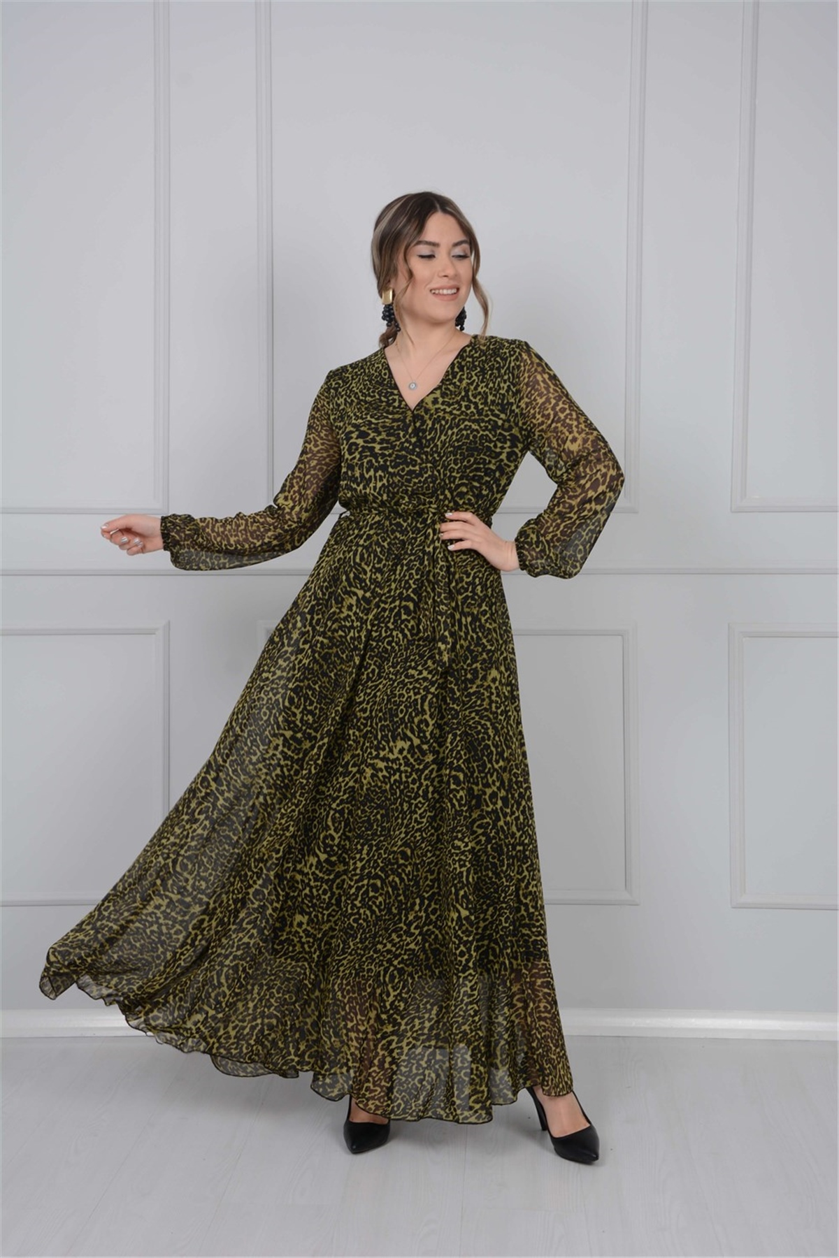 Leopar Desenli Şifon Elbise - Sarı