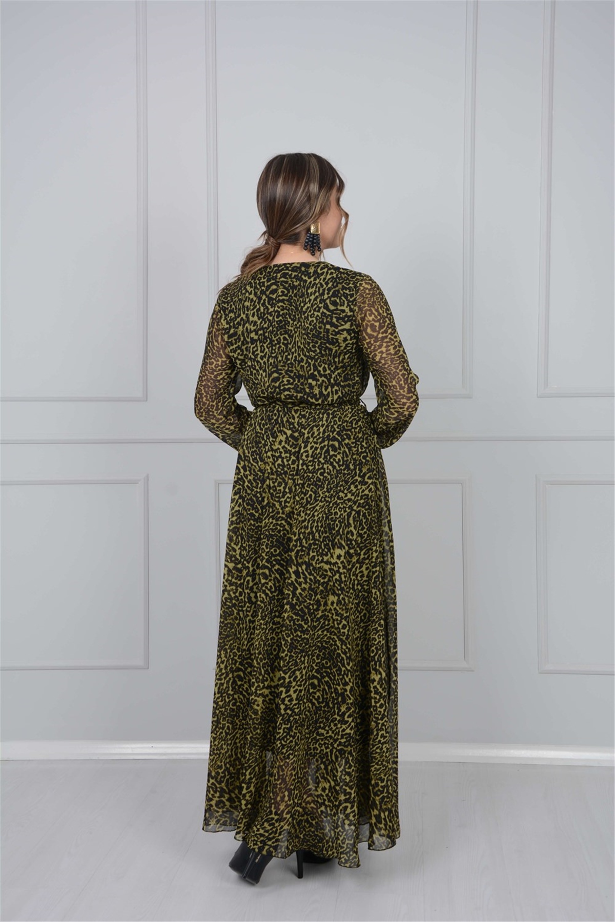 Leopar Desenli Şifon Elbise - Sarı