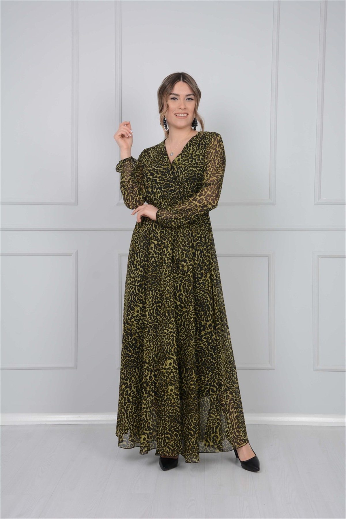 Leopar Desenli Şifon Elbise - Sarı