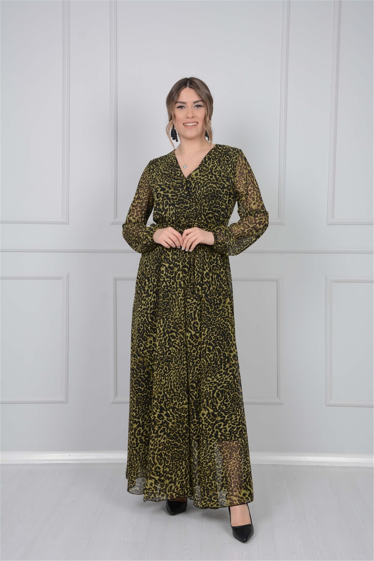 Leopar Desenli Şifon Elbise - Sarı