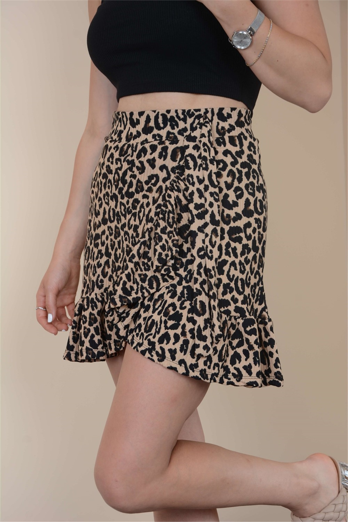 Leopar Fırfırlı Etek
