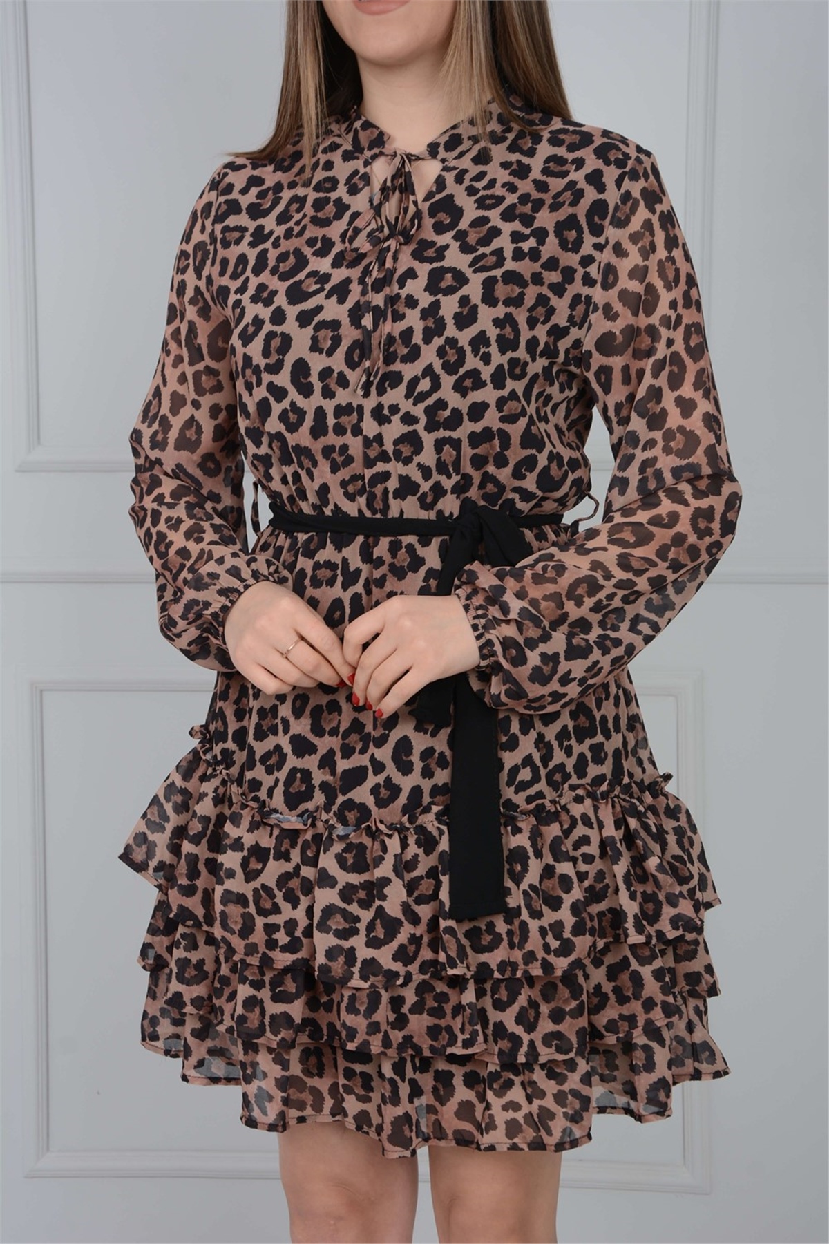 Leopar Mini Elbise - Kahverengi