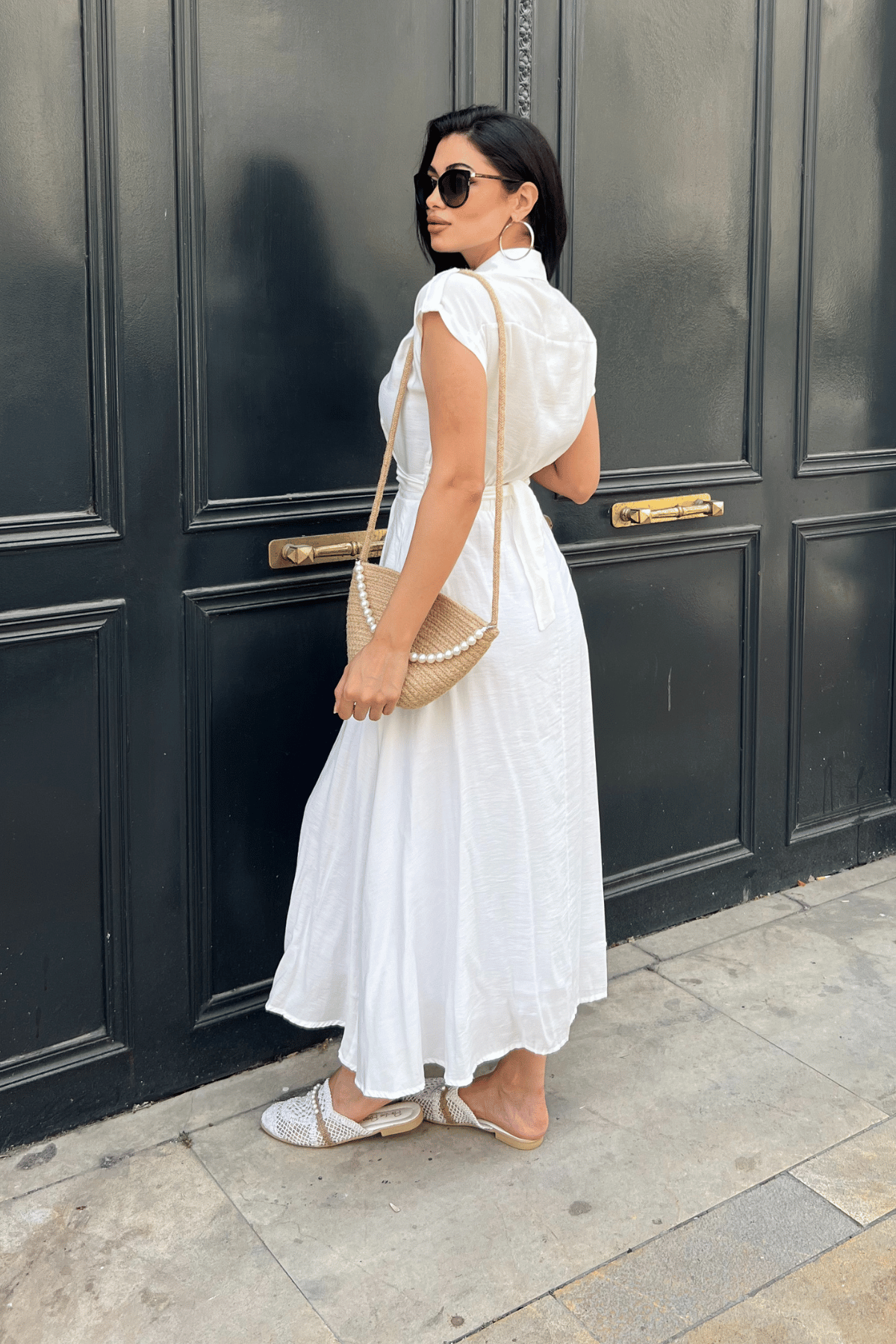 Modal Kumaş Düğme Detayli Midi Elbise - BEYAZ