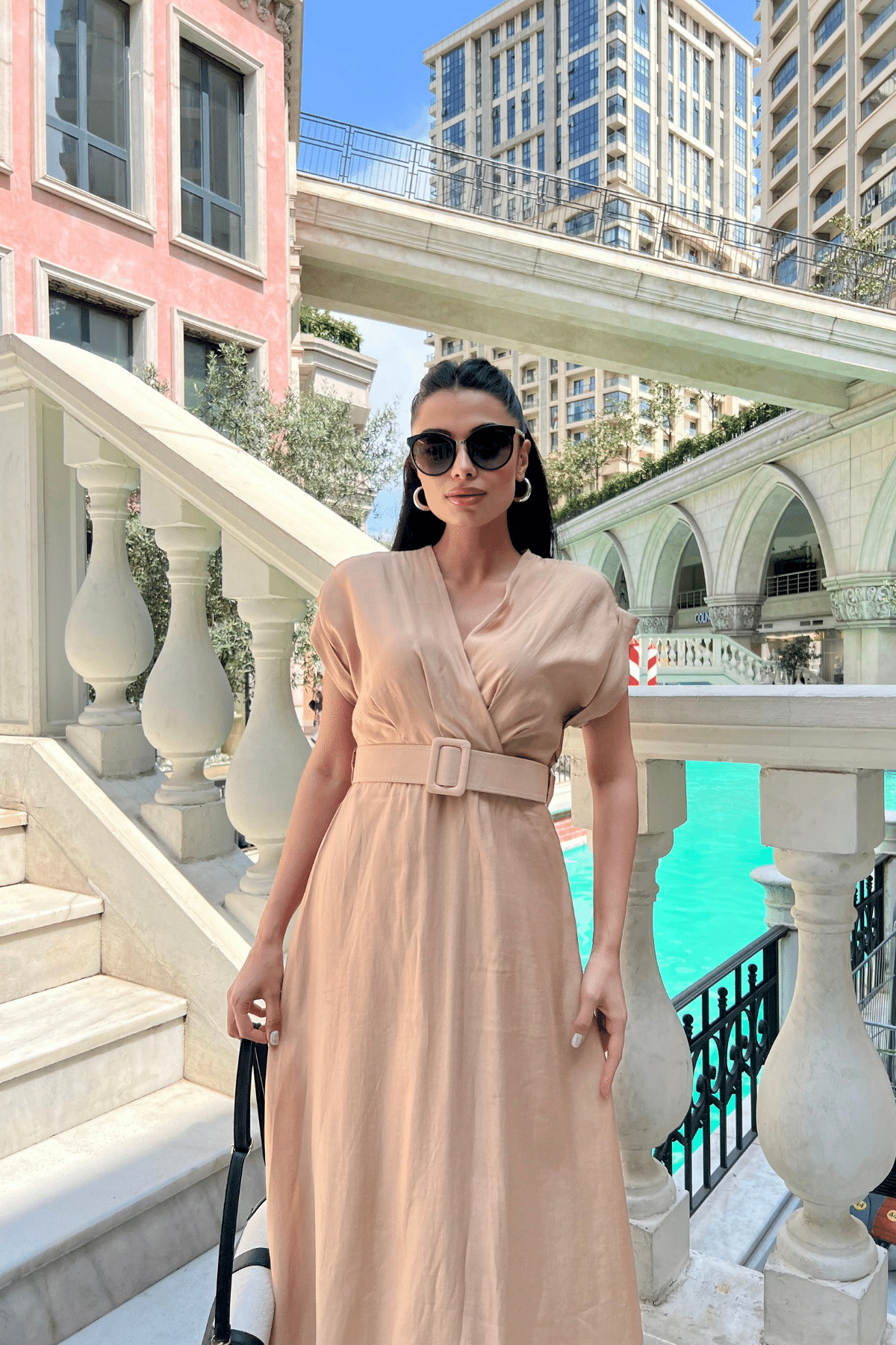 Modal Kumaş Kruvaze Yaka Midi Elbise - KREM