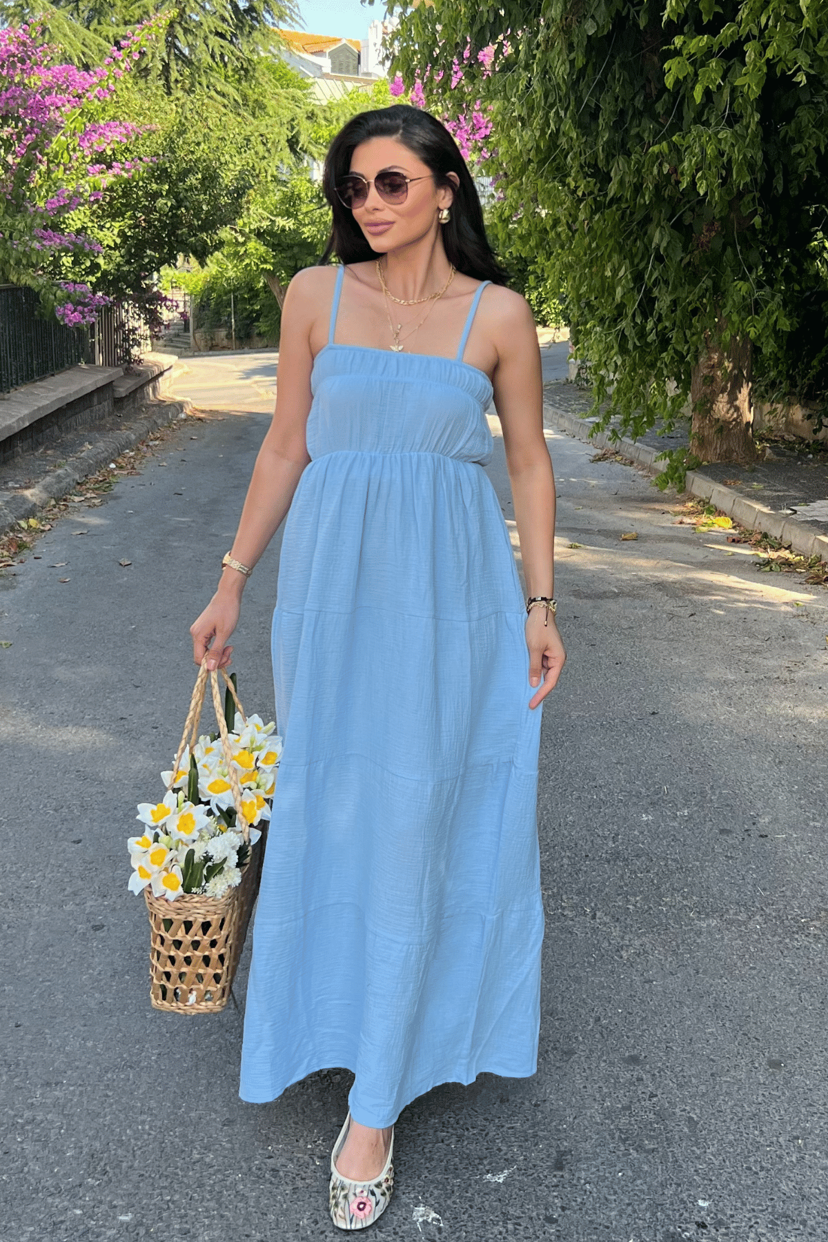 Müslin Kumaş Uzun Elbise - BEBE MAVİSİ