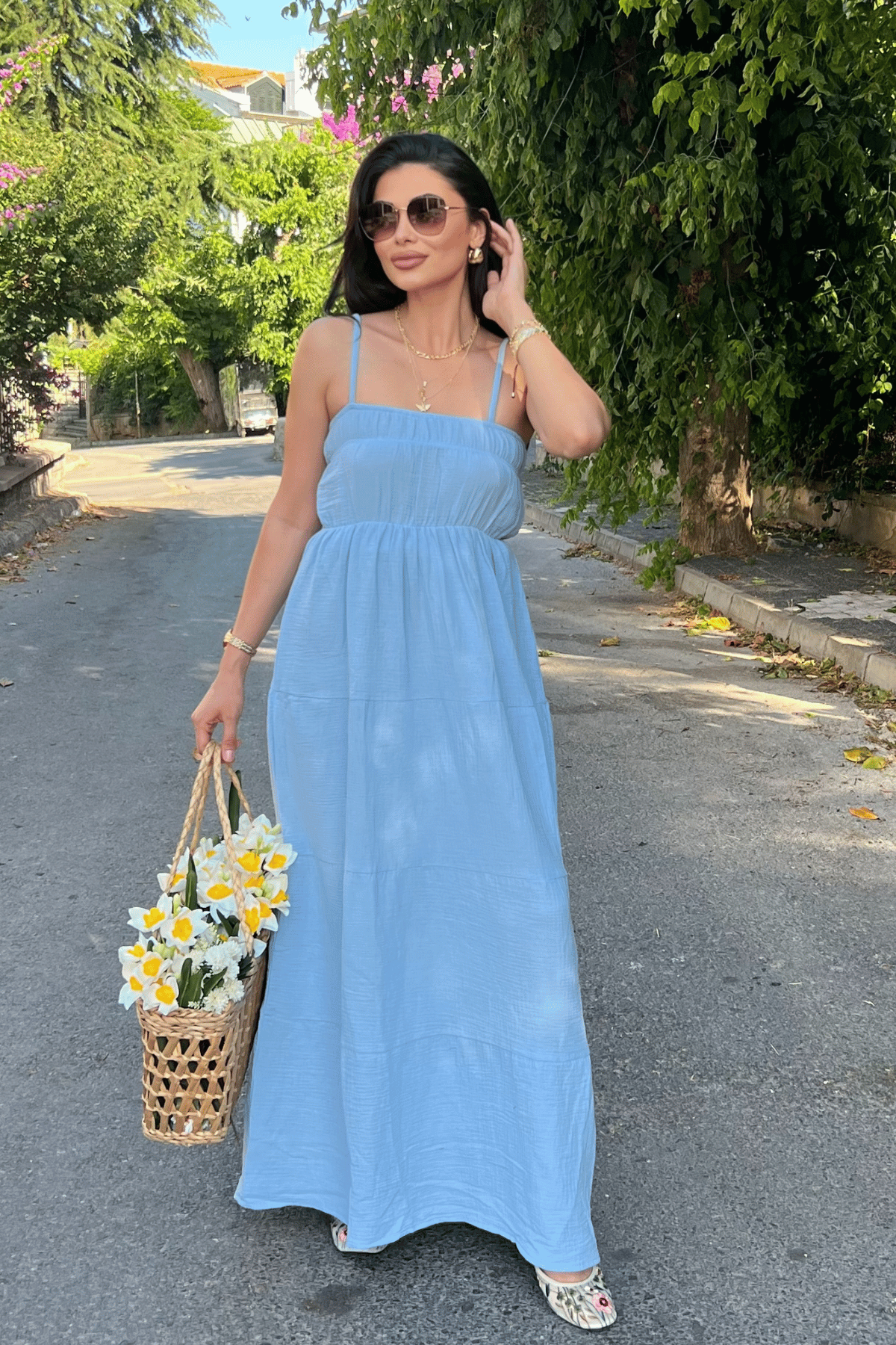 Müslin Kumaş Uzun Elbise - BEBE MAVİSİ