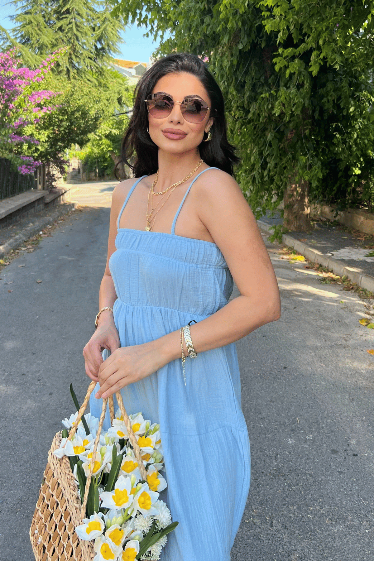 Müslin Kumaş Uzun Elbise - BEBE MAVİSİ