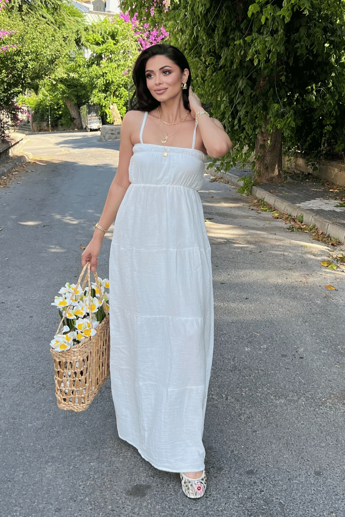 Müslin Kumaş Uzun Elbise - BEYAZ