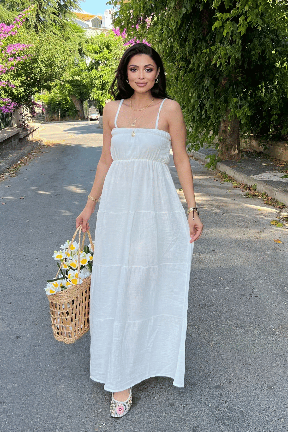 Müslin Kumaş Uzun Elbise - BEYAZ