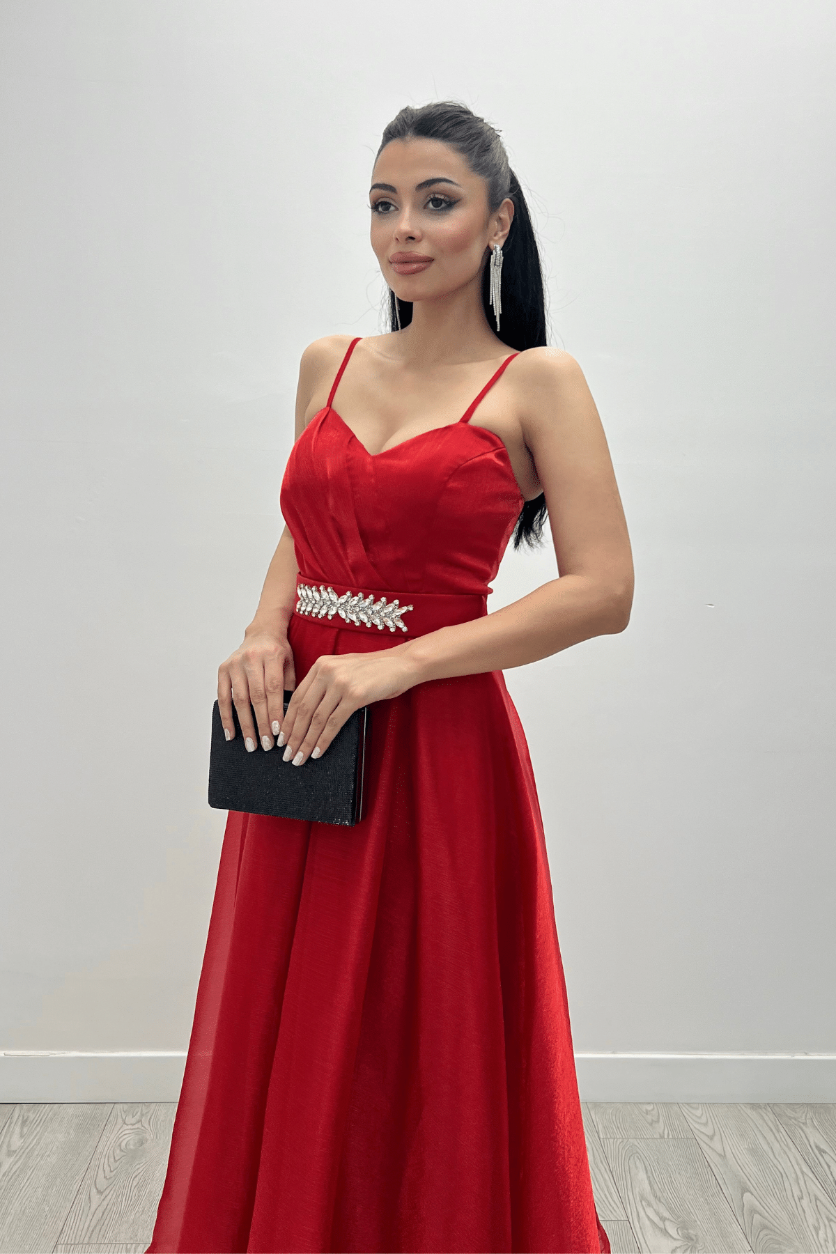 Organze Dalya Kumaş Prenses Elbise - KIRMIZI