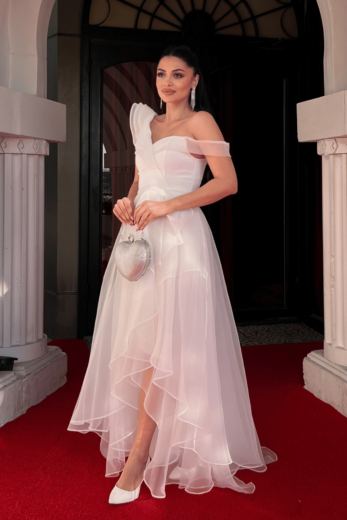 Organze Kumaş Kat Kat Abiye Elbise - BEYAZ