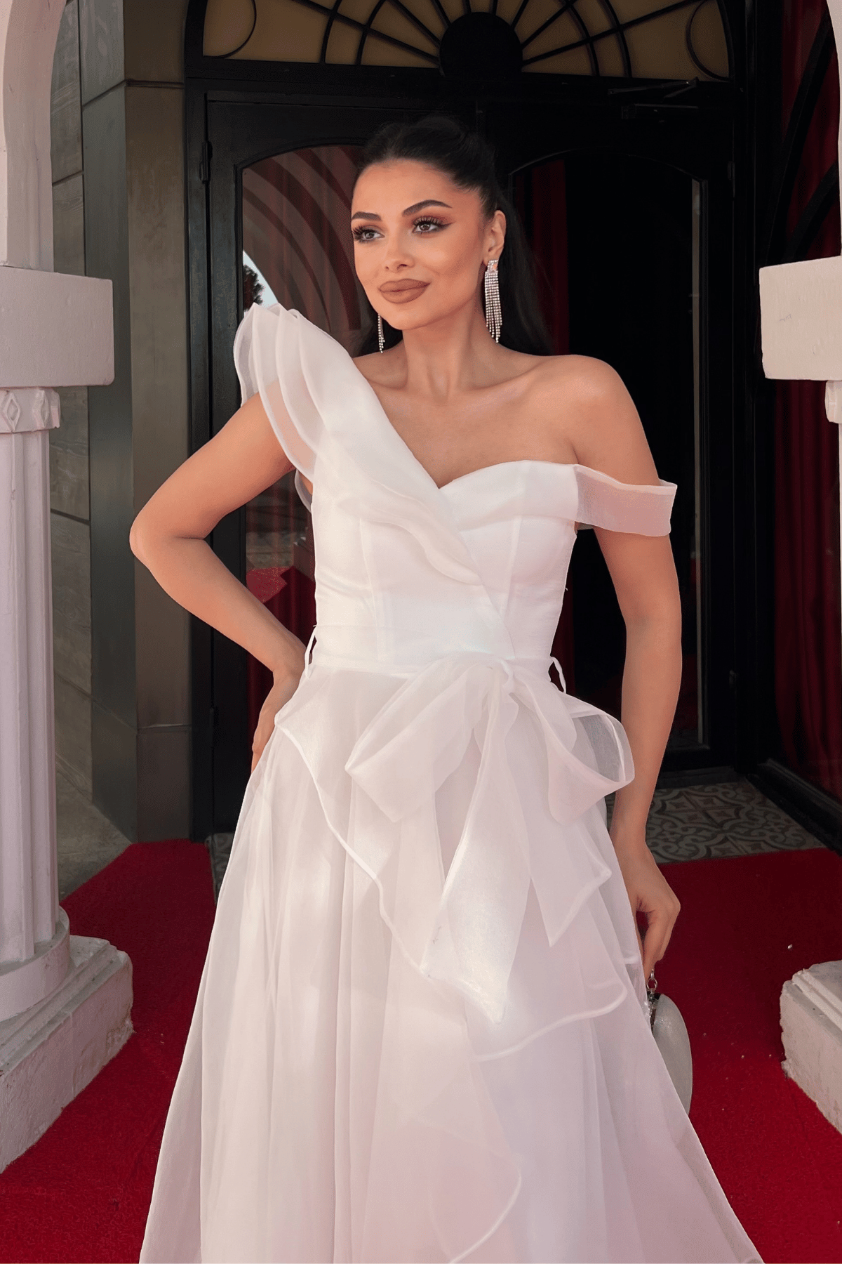 Organze Kumaş Kat Kat Abiye Elbise - BEYAZ