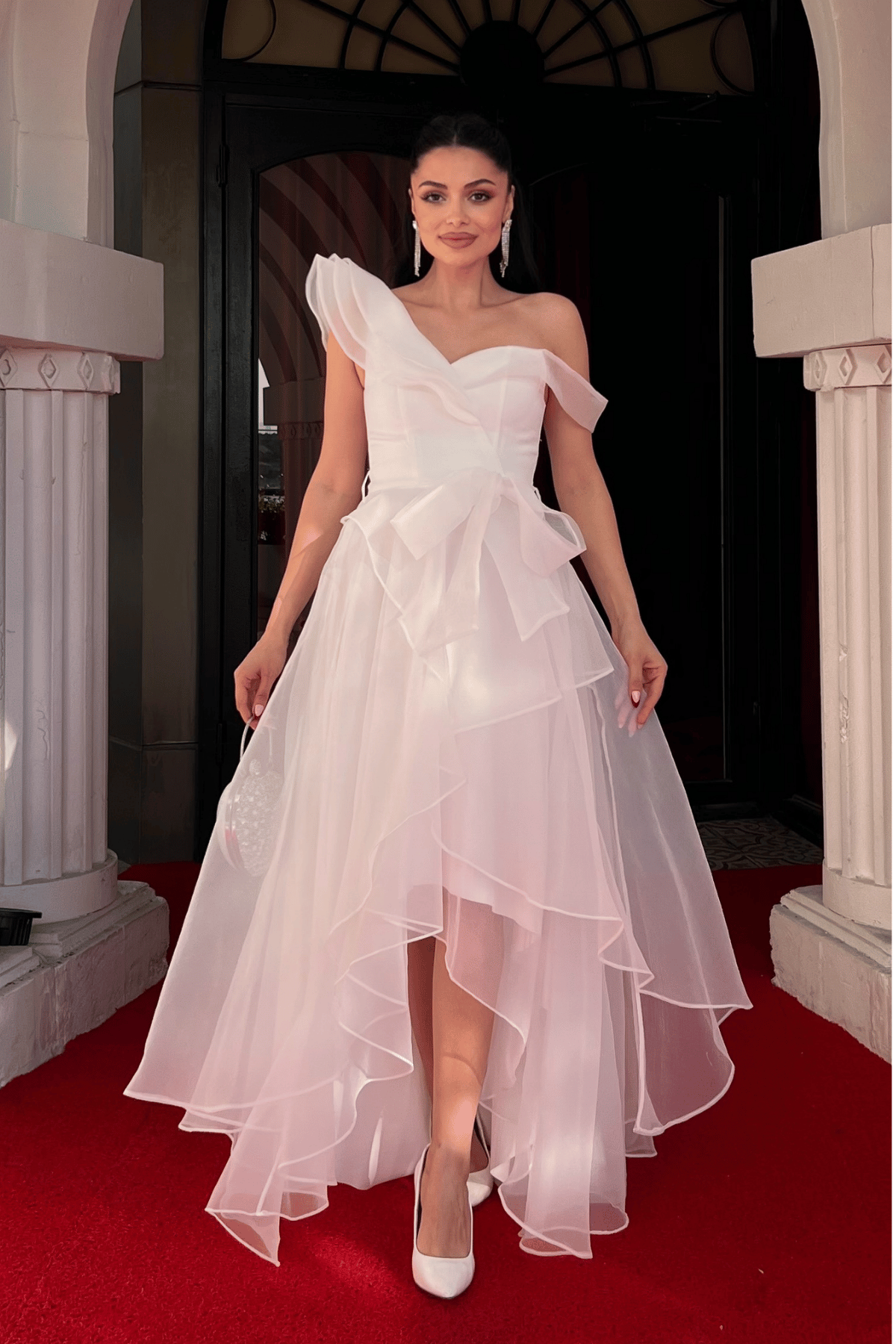 Organze Kumaş Kat Kat Abiye Elbise - BEYAZ