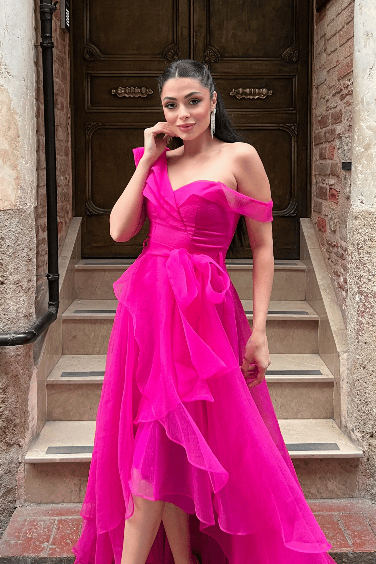 Organze Kumaş Kat Kat Abiye Elbise - FUŞYA