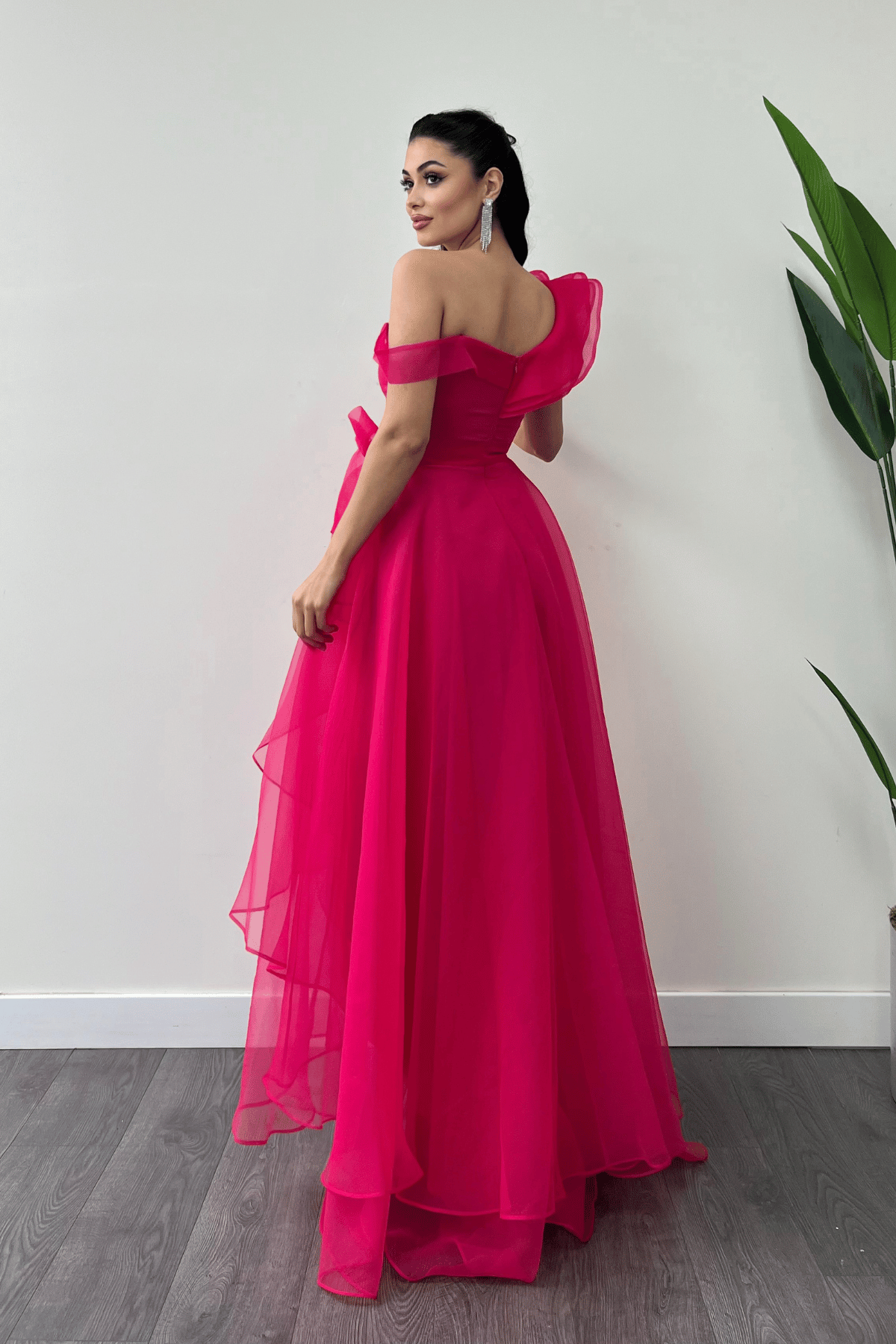 Organze Kumaş Kat Kat Abiye Elbise - FUŞYA