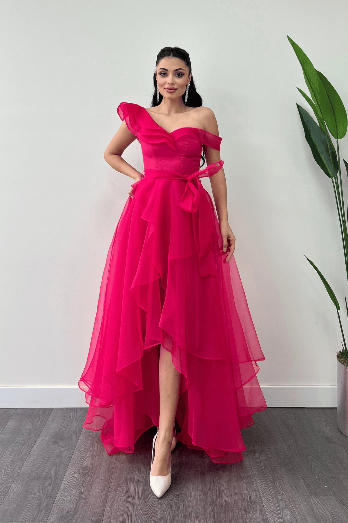 Organze Kumaş Kat Kat Abiye Elbise - FUŞYA