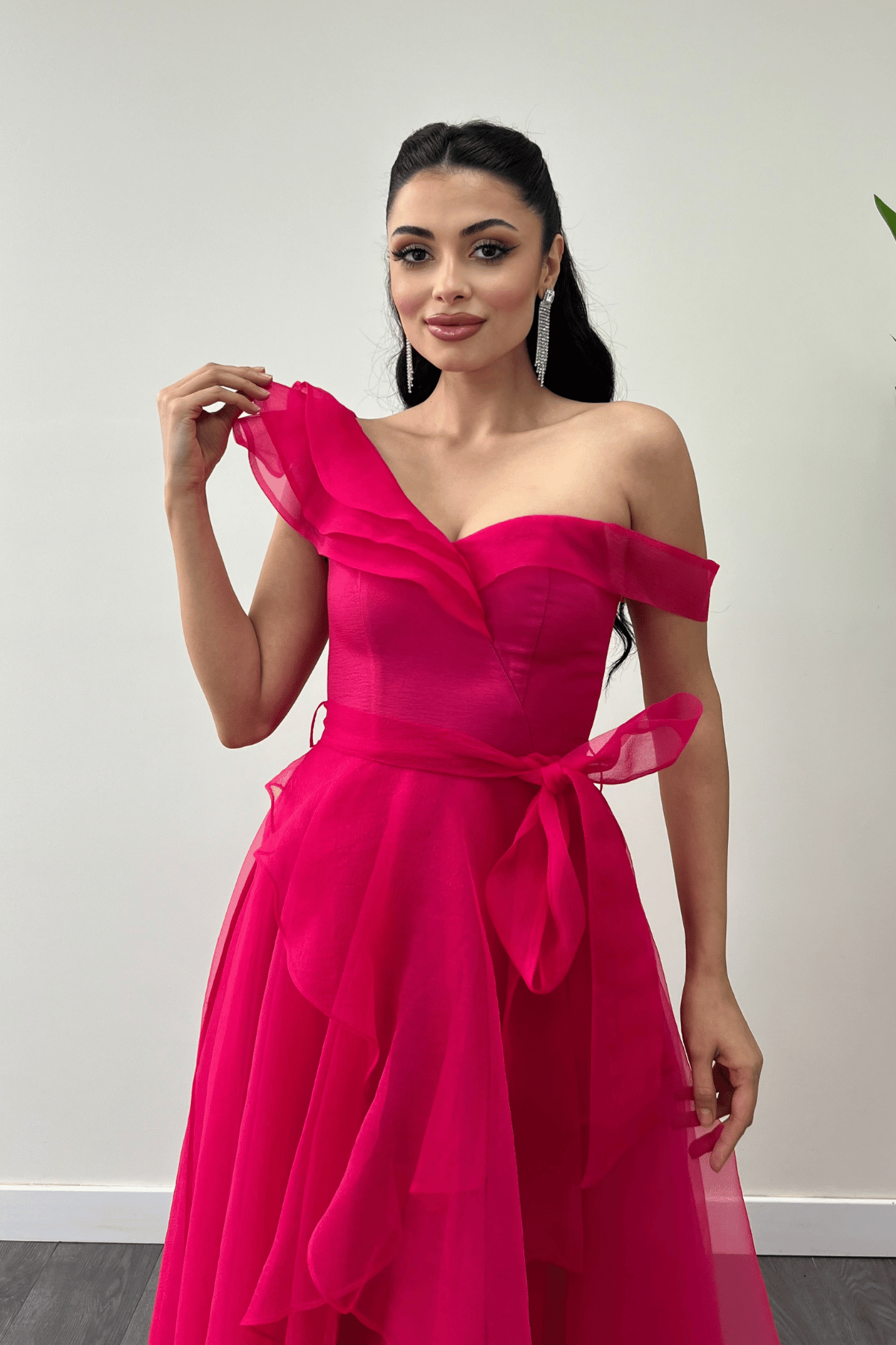 Organze Kumaş Kat Kat Abiye Elbise - FUŞYA