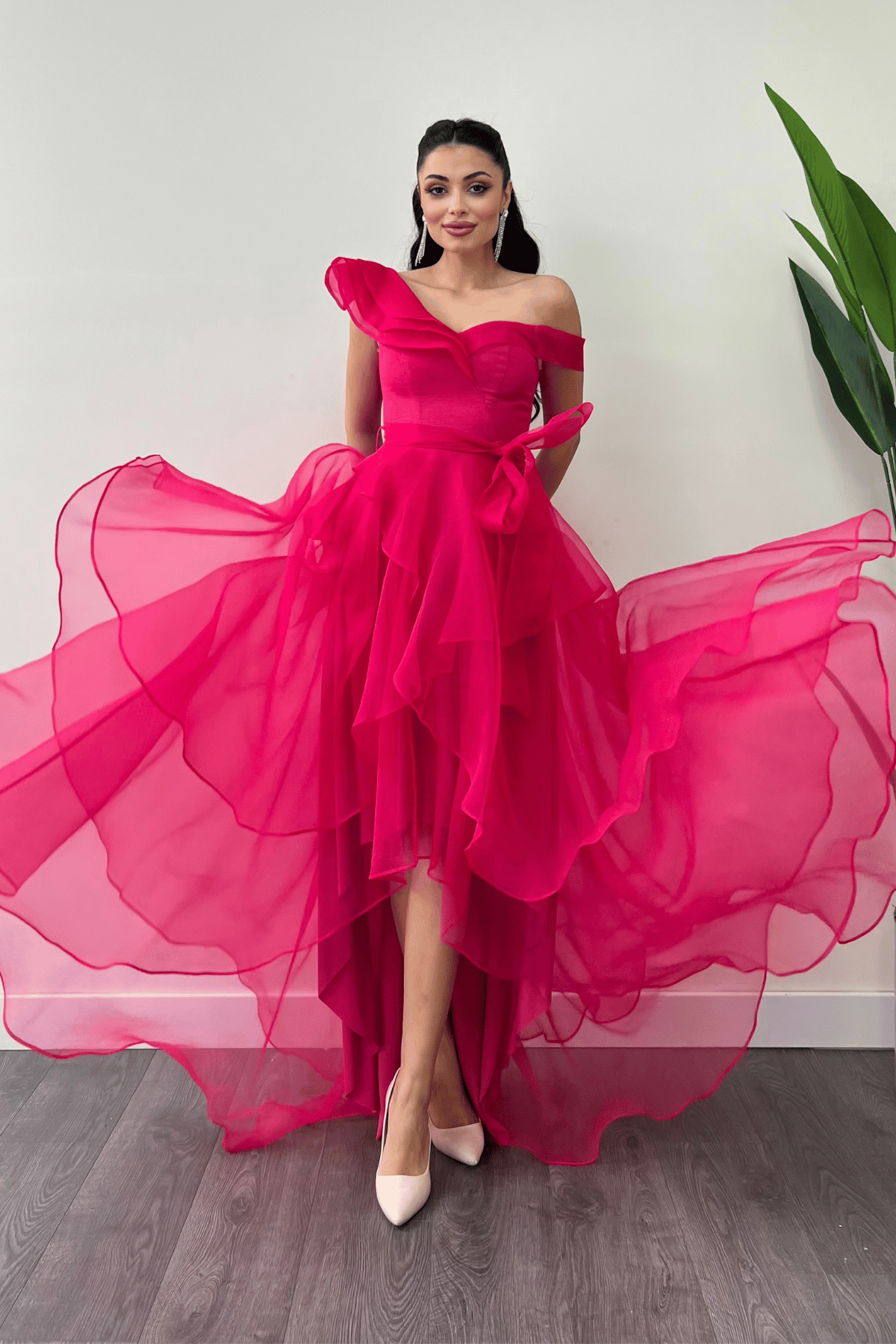 Organze Kumaş Kat Kat Abiye Elbise - FUŞYA