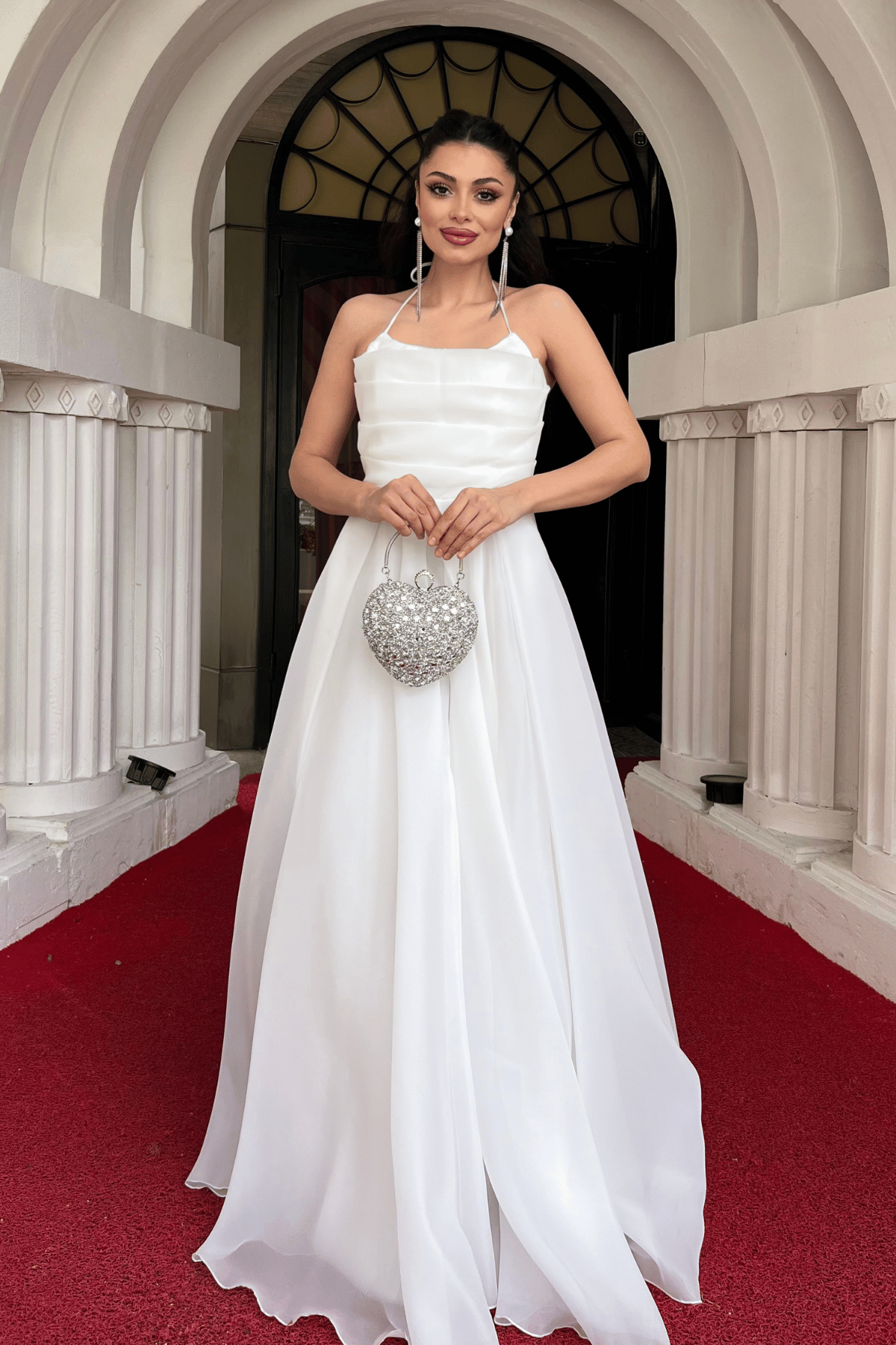 Organze Kumaş Sırtı İpli Tasarım Elbise - BEYAZ