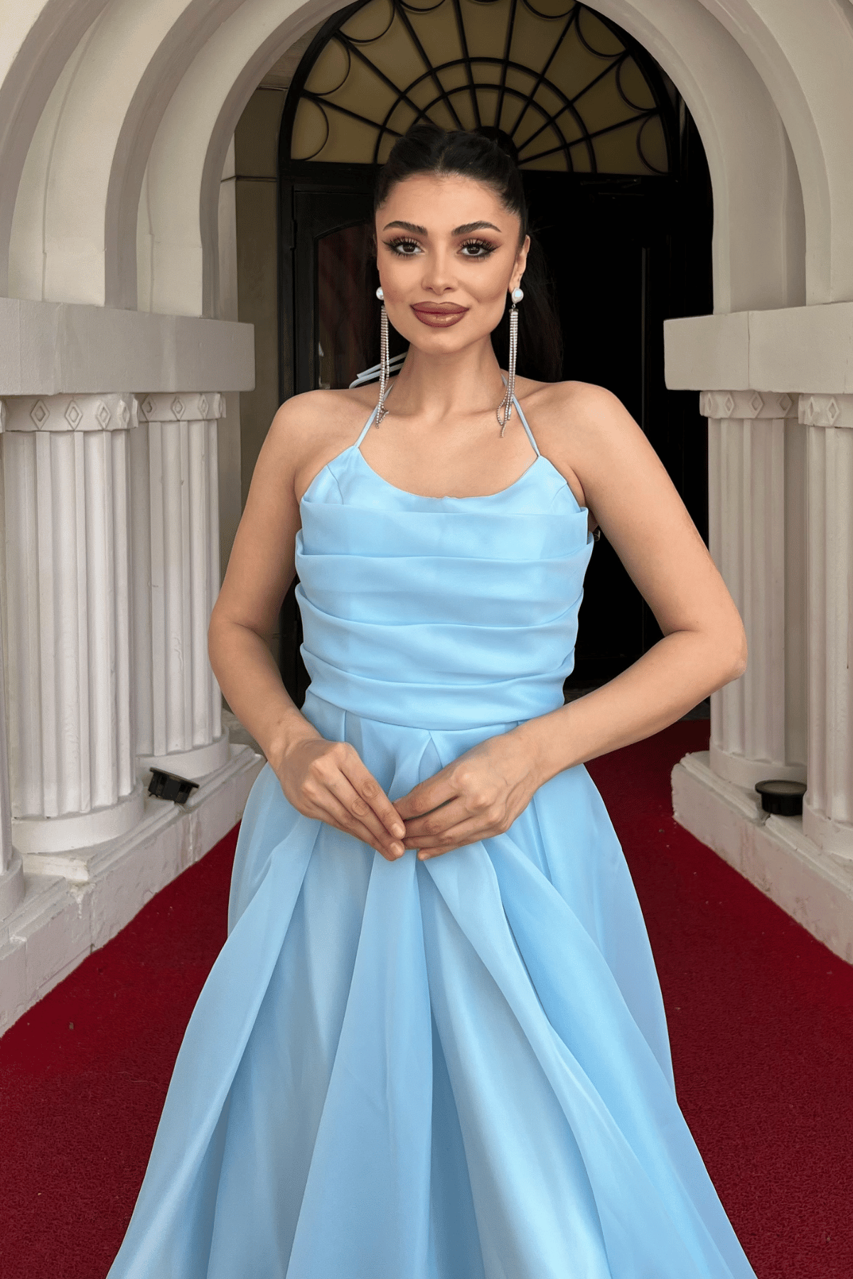 Organze Kumaş Sırtı İpli Tasarım Elbise - BEBE MAVİSİ