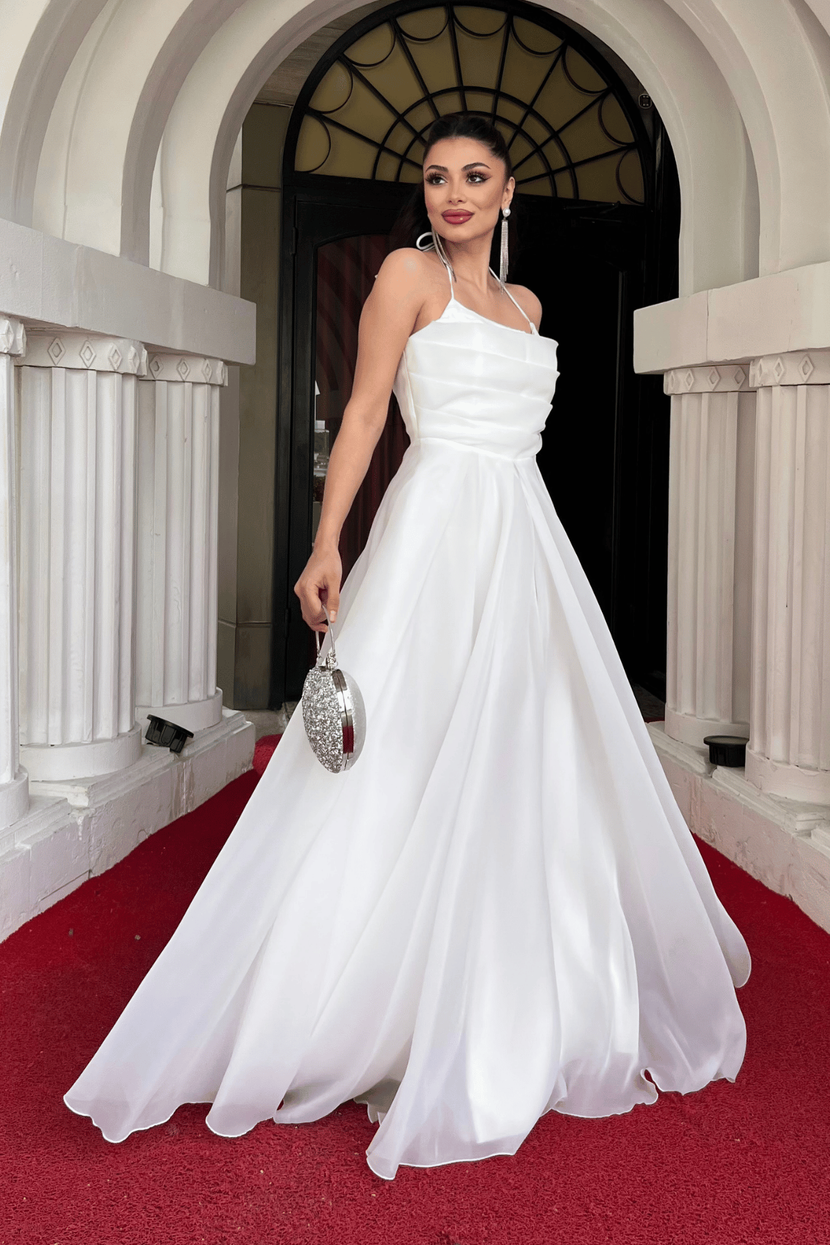 Organze Kumaş Sırtı İpli Tasarım Elbise - BEYAZ