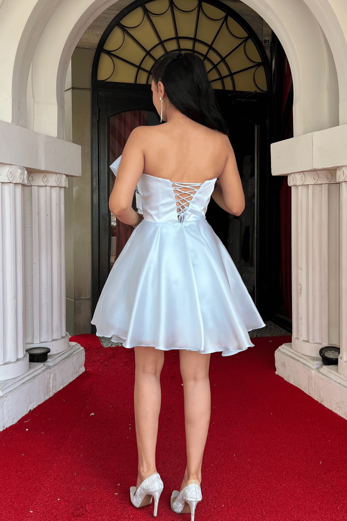 Organze Saten Kumaş Fİyonk Detaylı Mini Elbise - BEBE MAVİSİ