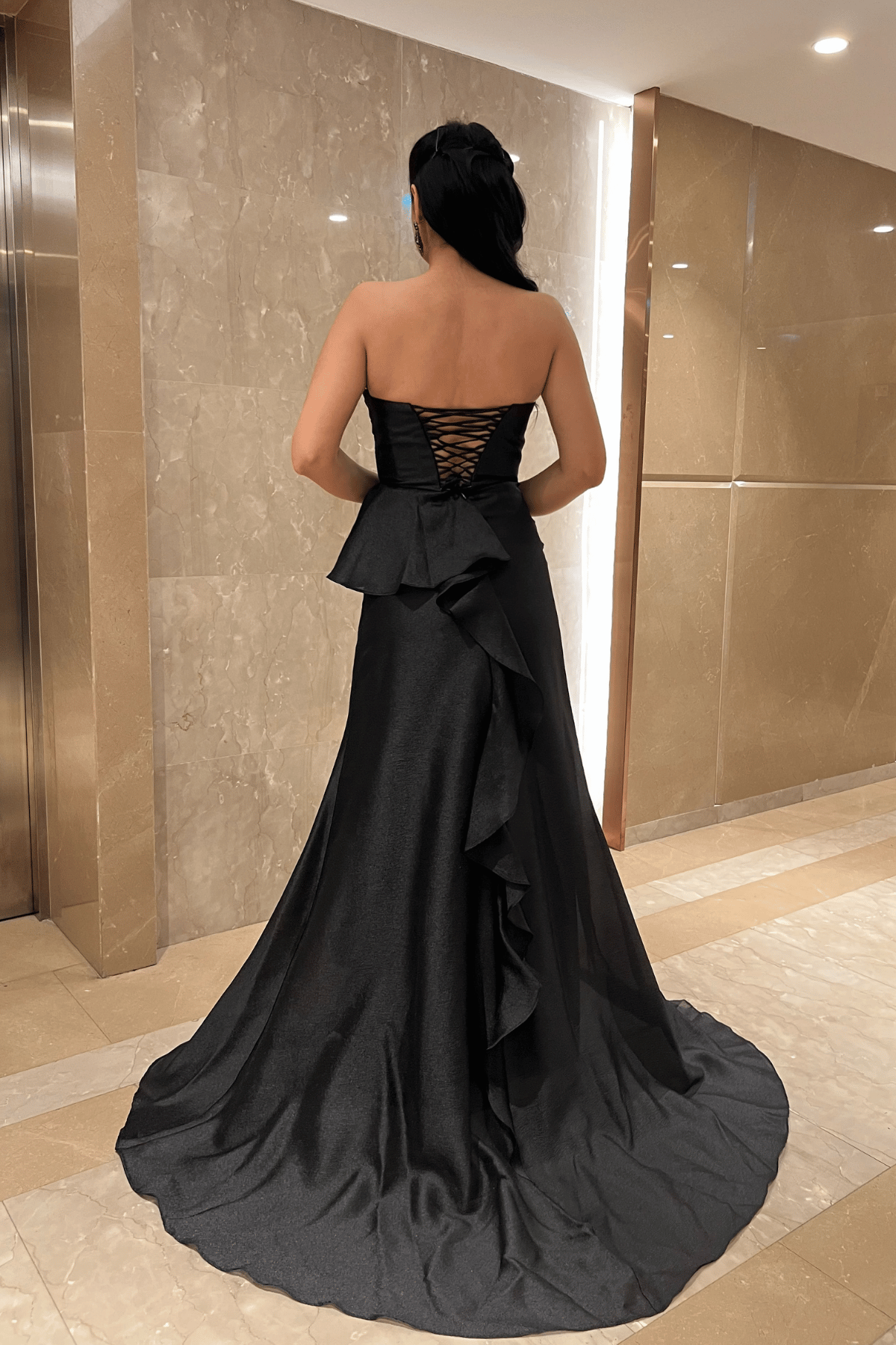 Organze Saten Kumaş Sırt İpli Abiye Elbise - SİYAH