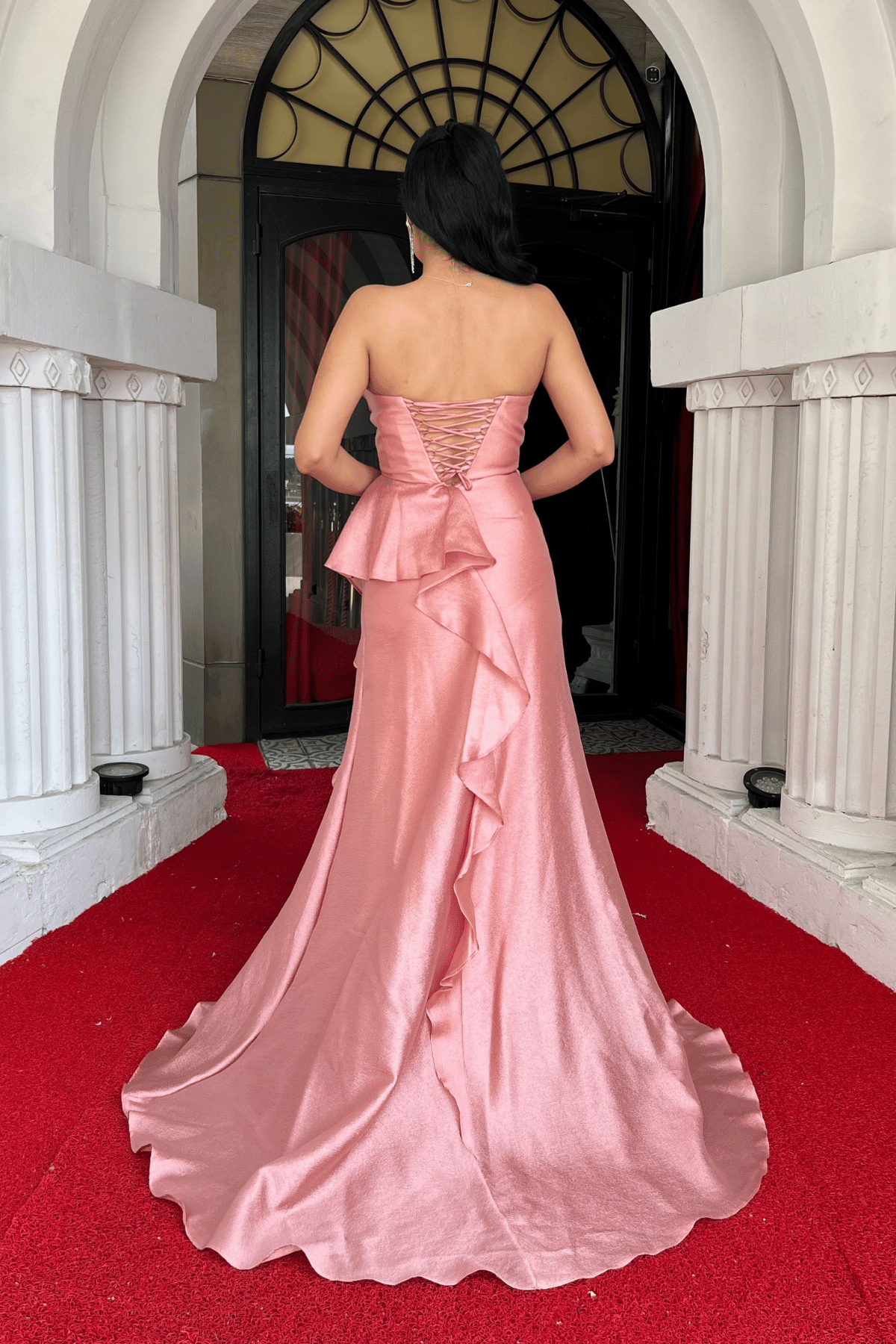 Organze Saten Kumaş Sırt İpli Abiye Elbise - PUDRA