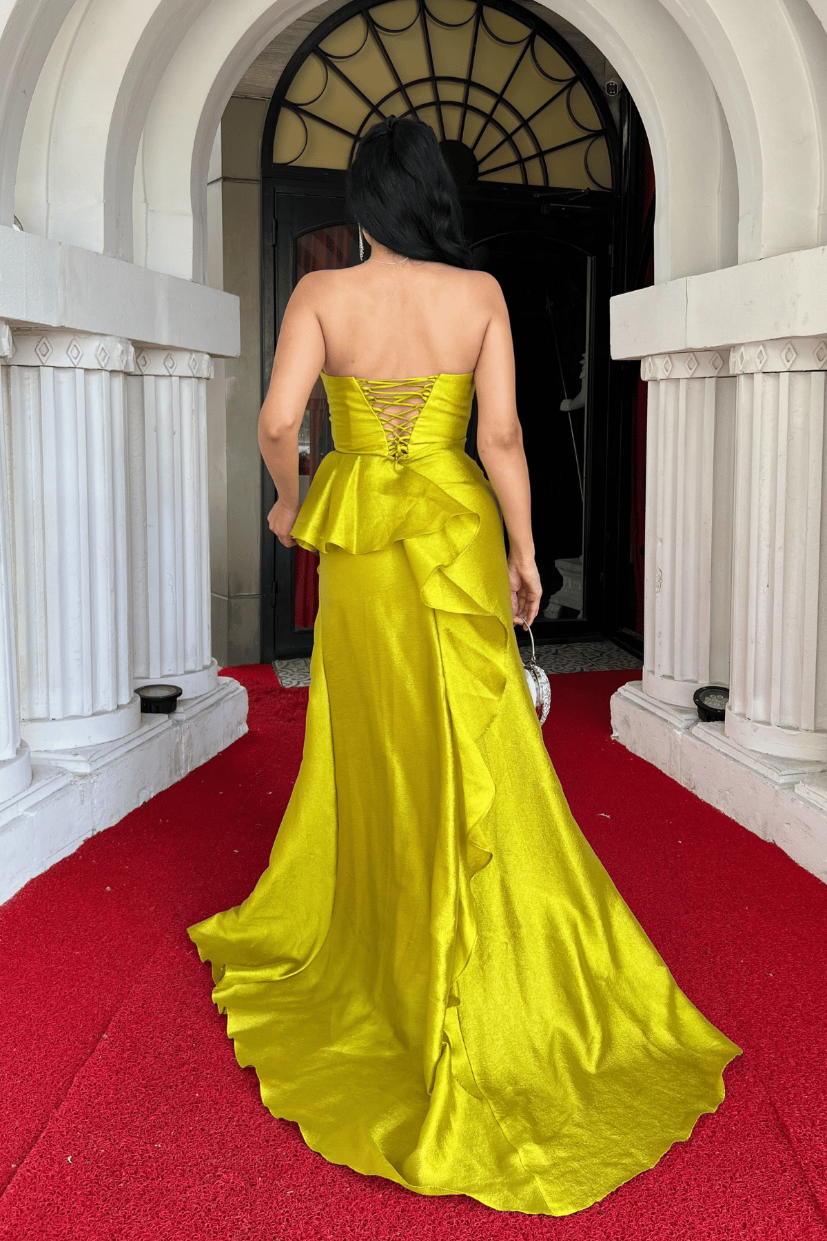 Organze Saten Kumaş Sırt İpli Abiye Elbise - Fıstık Yeşili