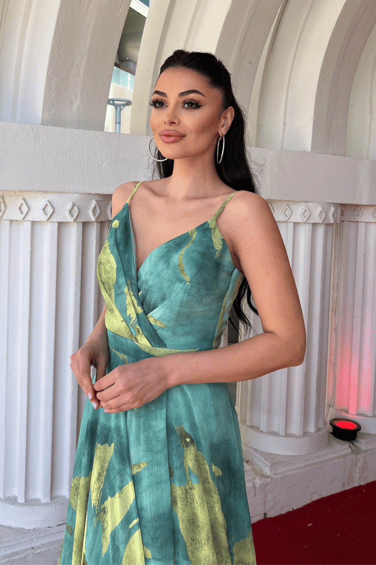 Organze Sifon Kumaş Desenli Maxi Elbise - MİNT YEŞİLİ