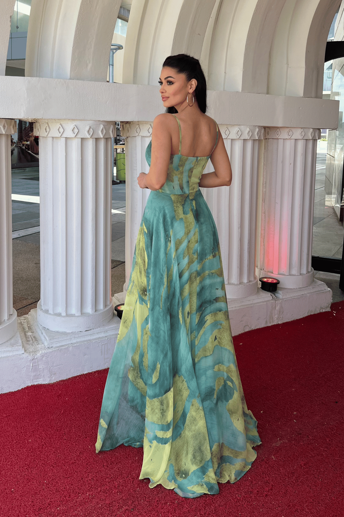 Organze Sifon Kumaş Desenli Maxi Elbise - MİNT YEŞİLİ