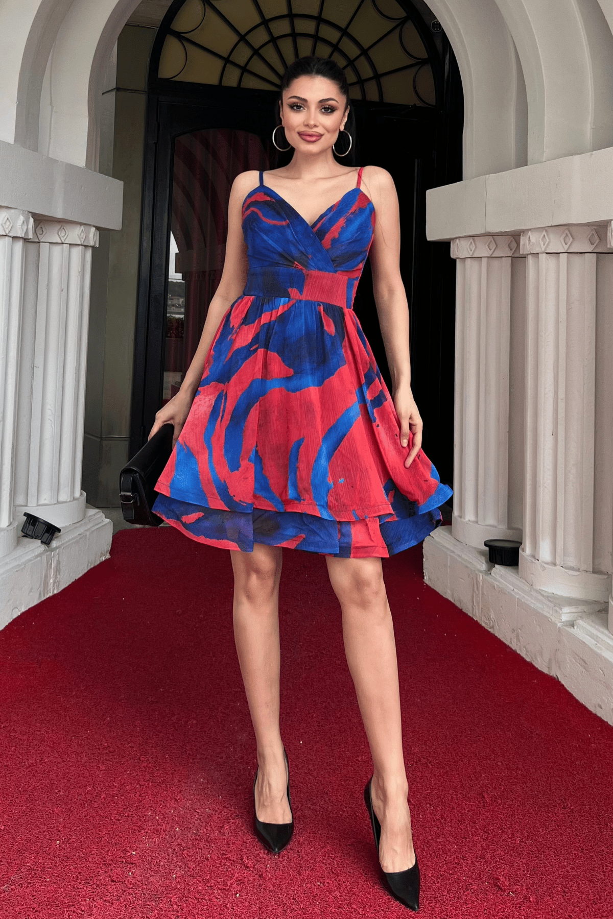 Organze Sifon Kumaş Desenli Mini Elbise - SAKS MAVİ