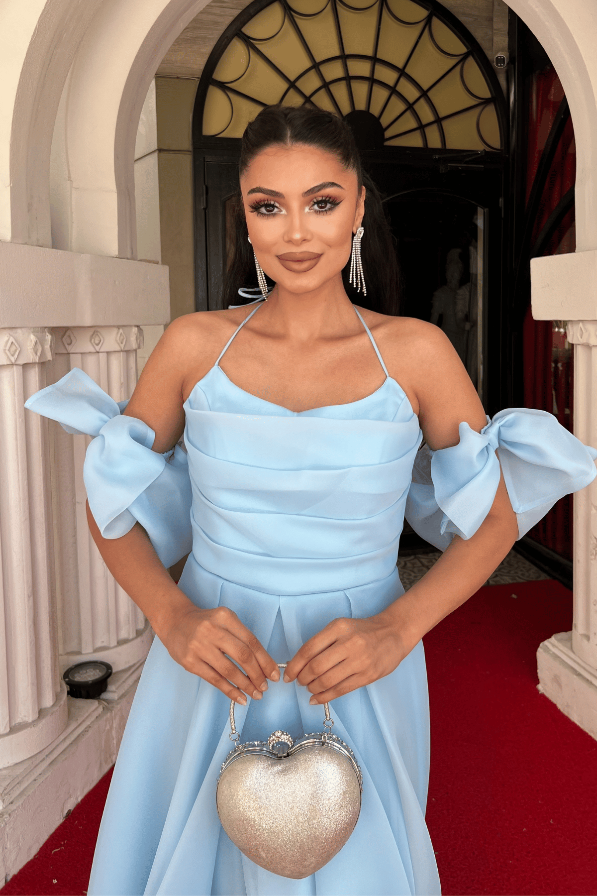 Organze Tül Kumaş Sırt Detaylı Midi Elbise - BEBE MAVİSİ