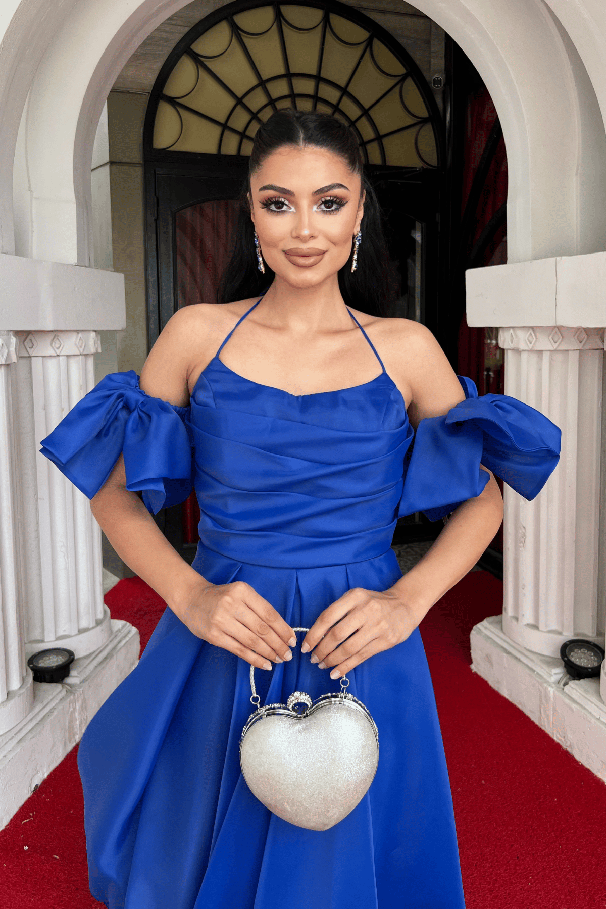 Organze Tül Kumaş Sırt Detaylı Midi Elbise - SAKS MAVİ