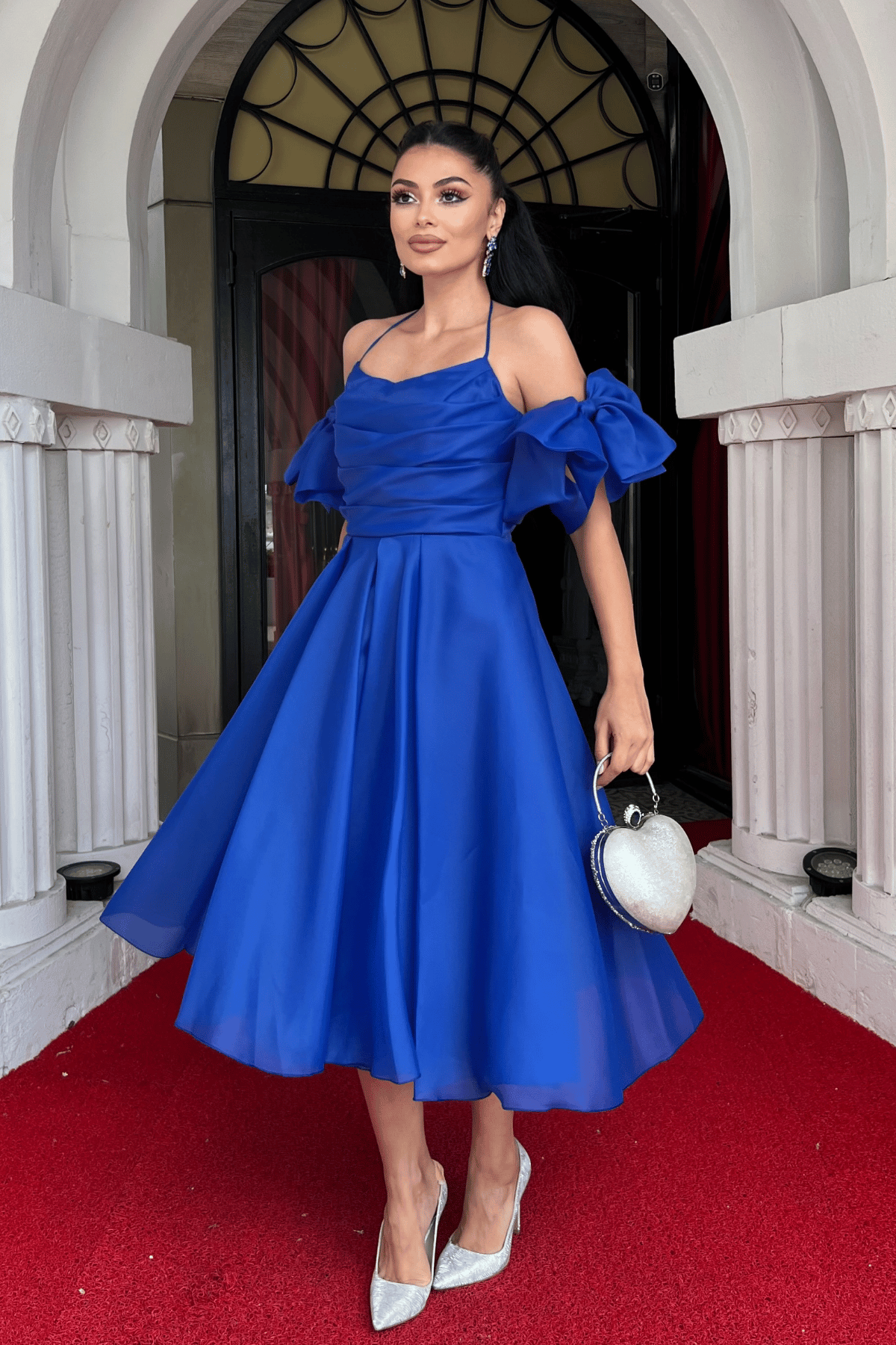 Organze Tül Kumaş Sırt Detaylı Midi Elbise - SAKS MAVİ