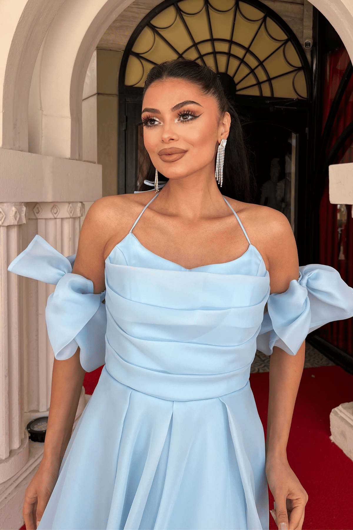 Organze Tül Kumaş Sırt Detaylı Midi Elbise - BEBE MAVİSİ