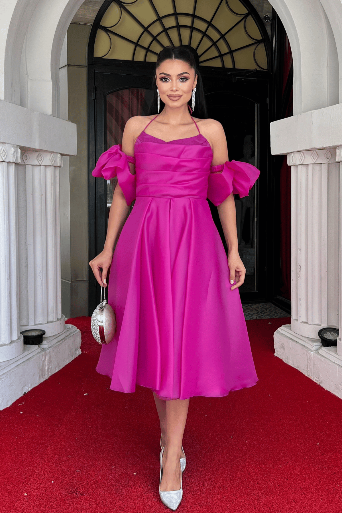 Organze Tül Kumaş Sırt Detaylı Midi Elbise - FUŞYA