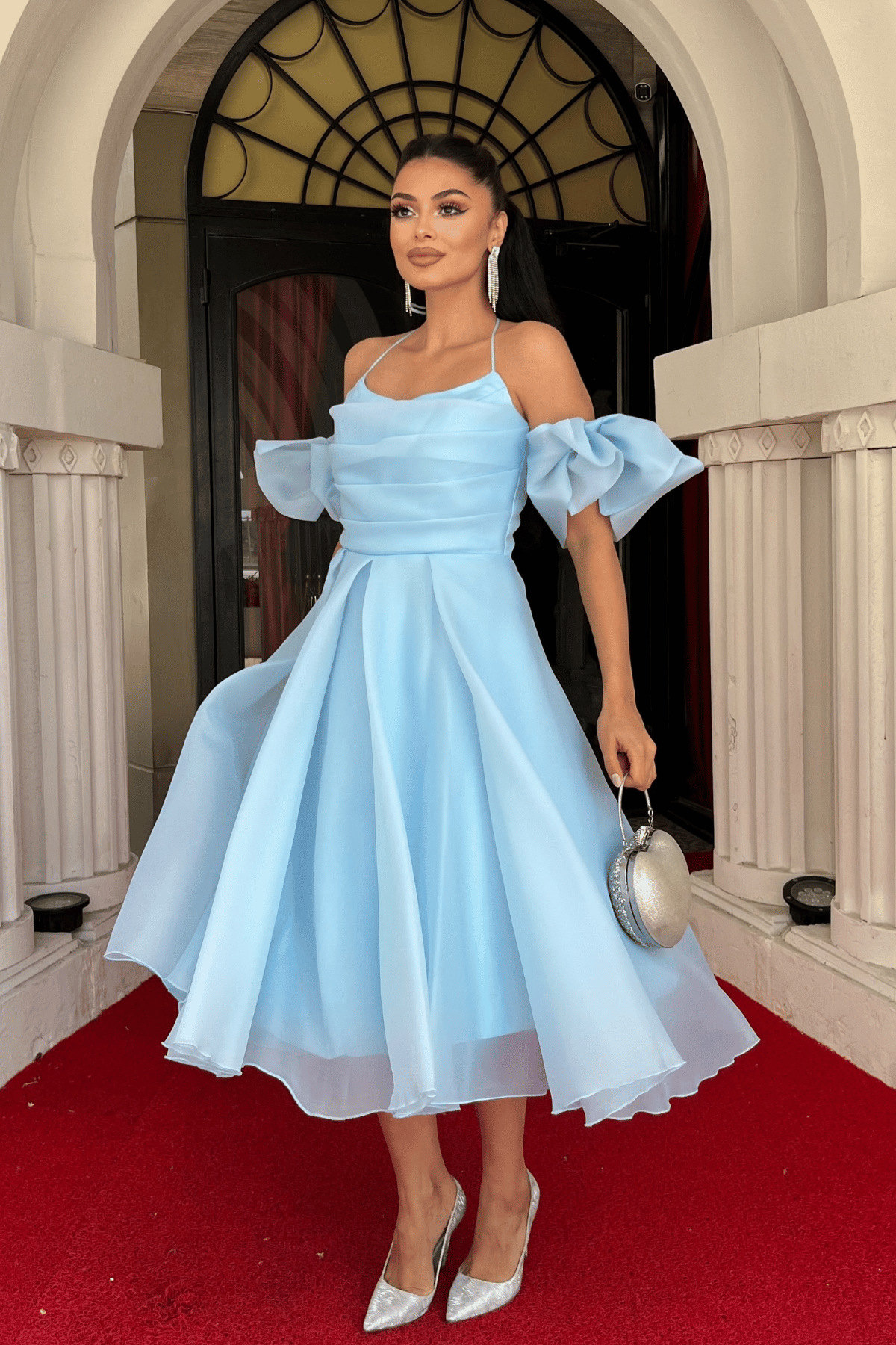 Organze Tül Kumaş Sırt Detaylı Midi Elbise - BEBE MAVİSİ