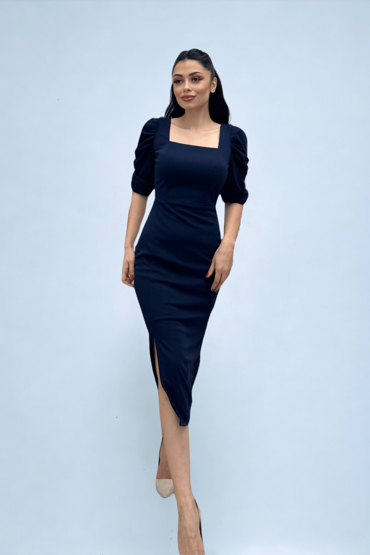Knitted Crepe Fabric Square Collar Slit Dress - NAVY BLUE
