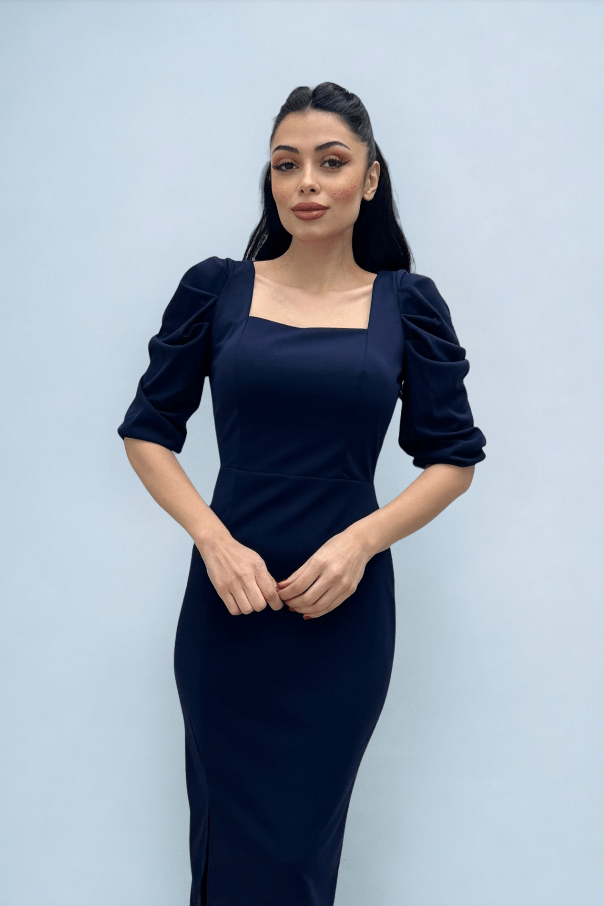 Knitted Crepe Fabric Square Collar Slit Dress - NAVY BLUE