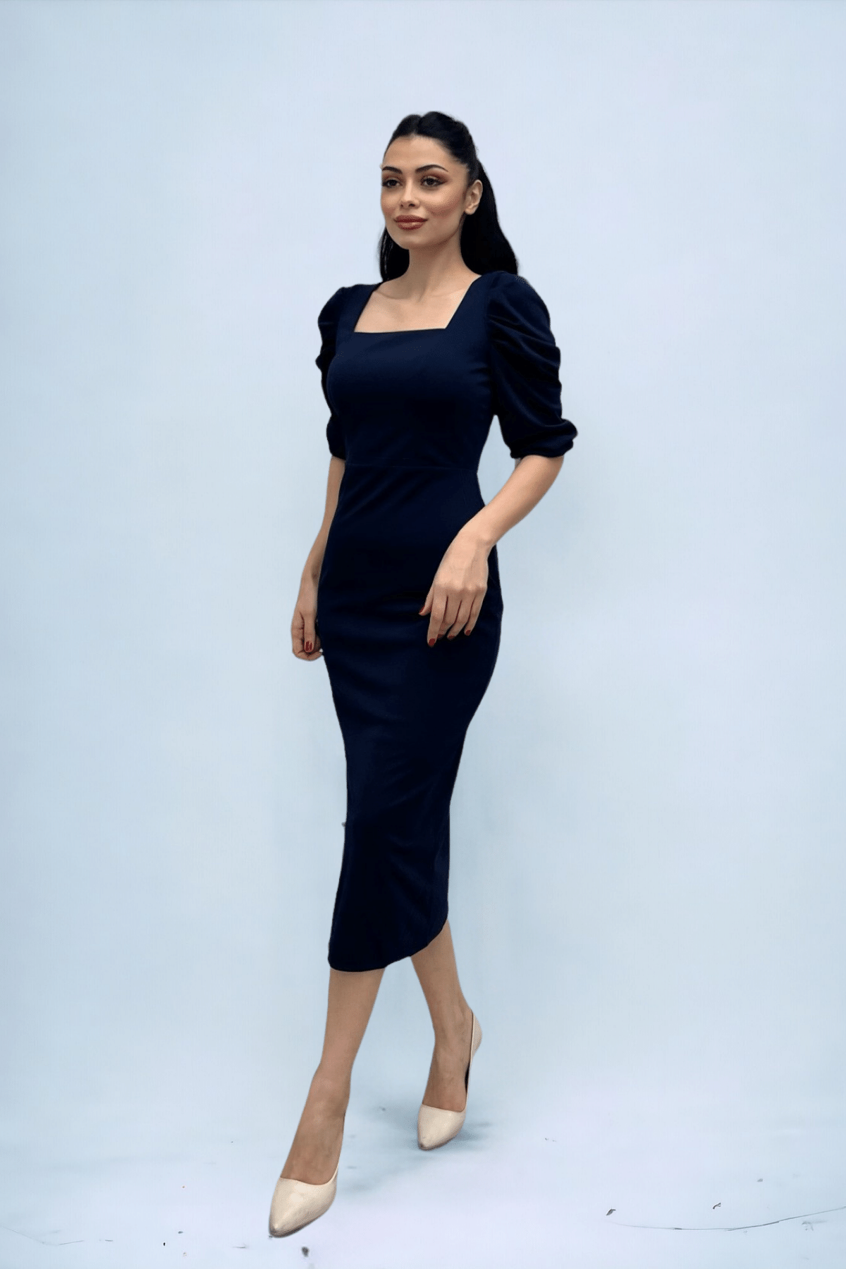 Knitted Crepe Fabric Square Collar Slit Dress - NAVY BLUE