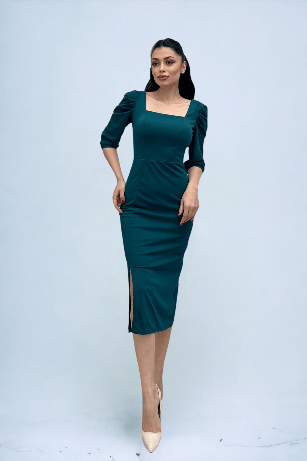 Knitted Crepe Fabric Square Collar Slit Dress - EMERALD GREEN