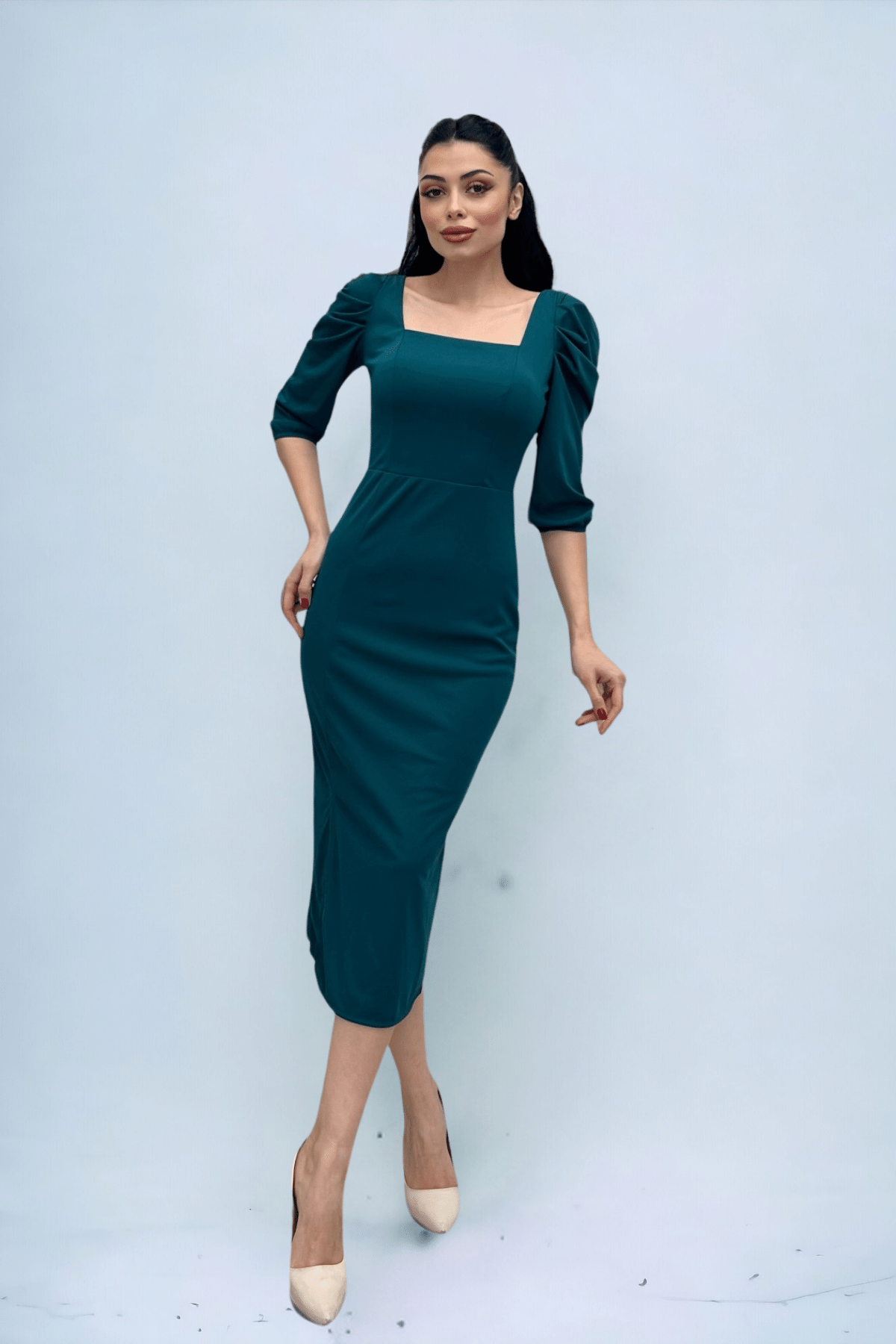 Knitted Crepe Fabric Square Collar Slit Dress - EMERALD GREEN