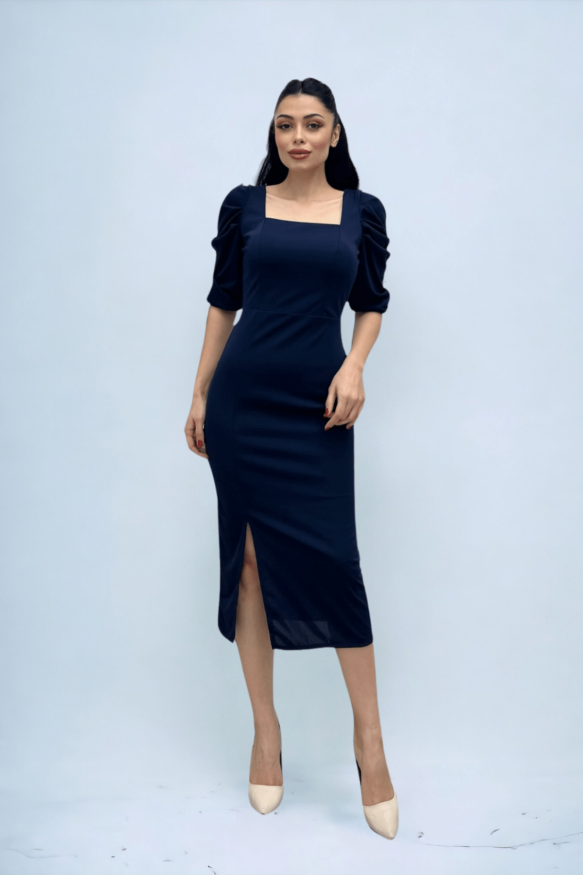 Knitted Crepe Fabric Square Collar Slit Dress - NAVY BLUE
