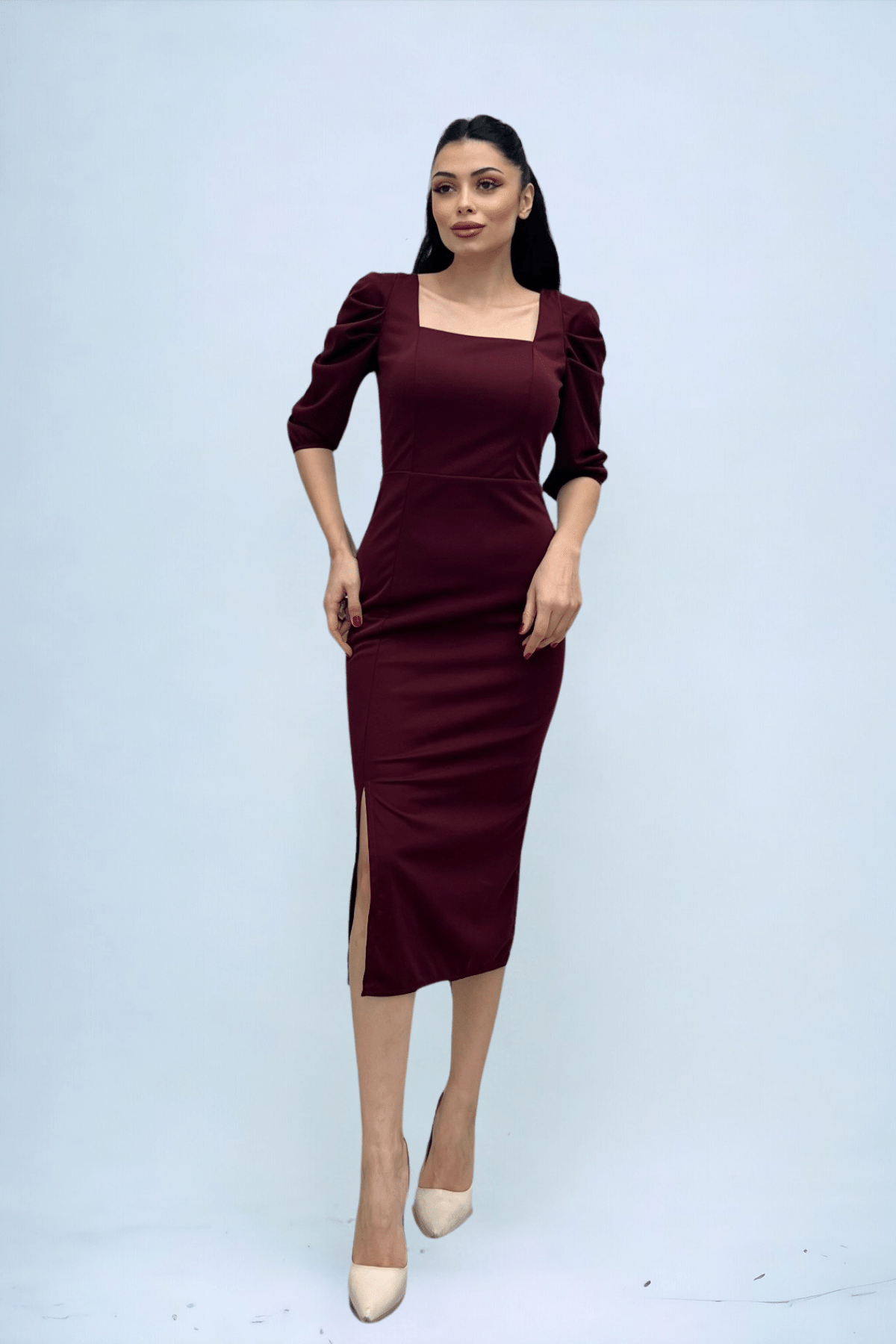 Knitted Crepe Fabric Square Collar Slit Dress - BURGUNDY