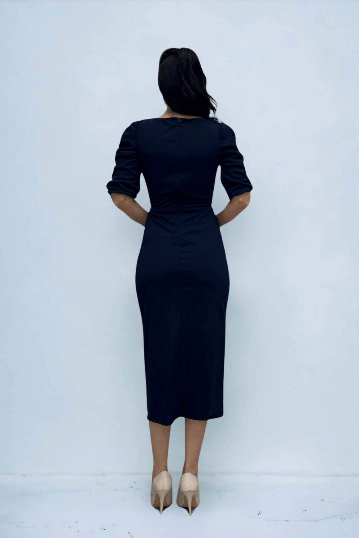 Knitted Crepe Fabric Square Collar Slit Dress - NAVY BLUE