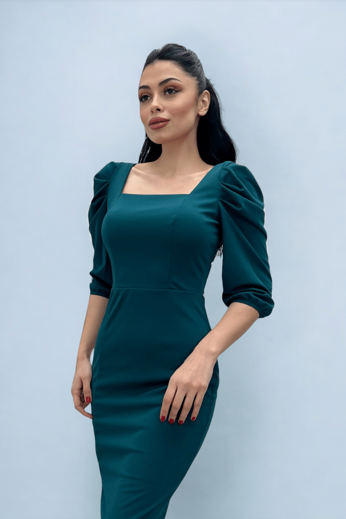 Knitted Crepe Fabric Square Collar Slit Dress - EMERALD GREEN
